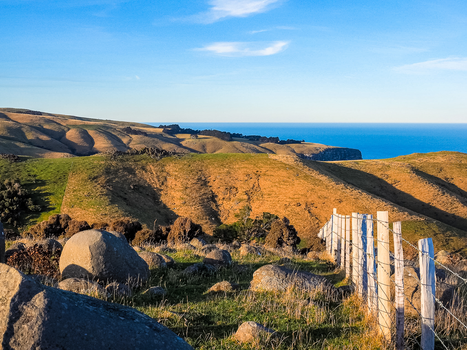 These massive rocks on the landscape of Paua Bay and environs were thrown here by volcanic activity between six million and eleven million years ago. 