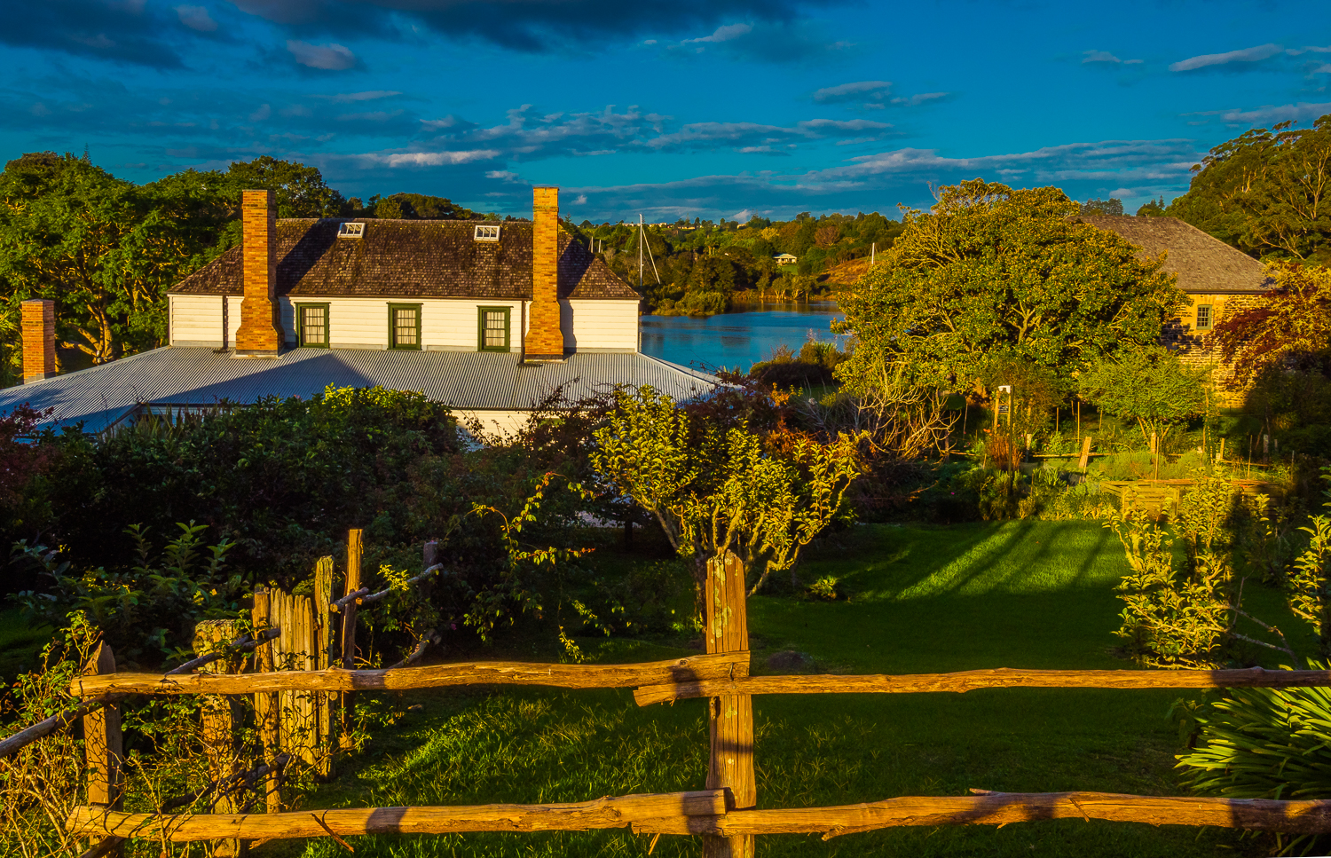 Kerikeri Mission House in autumn evening sunlight.