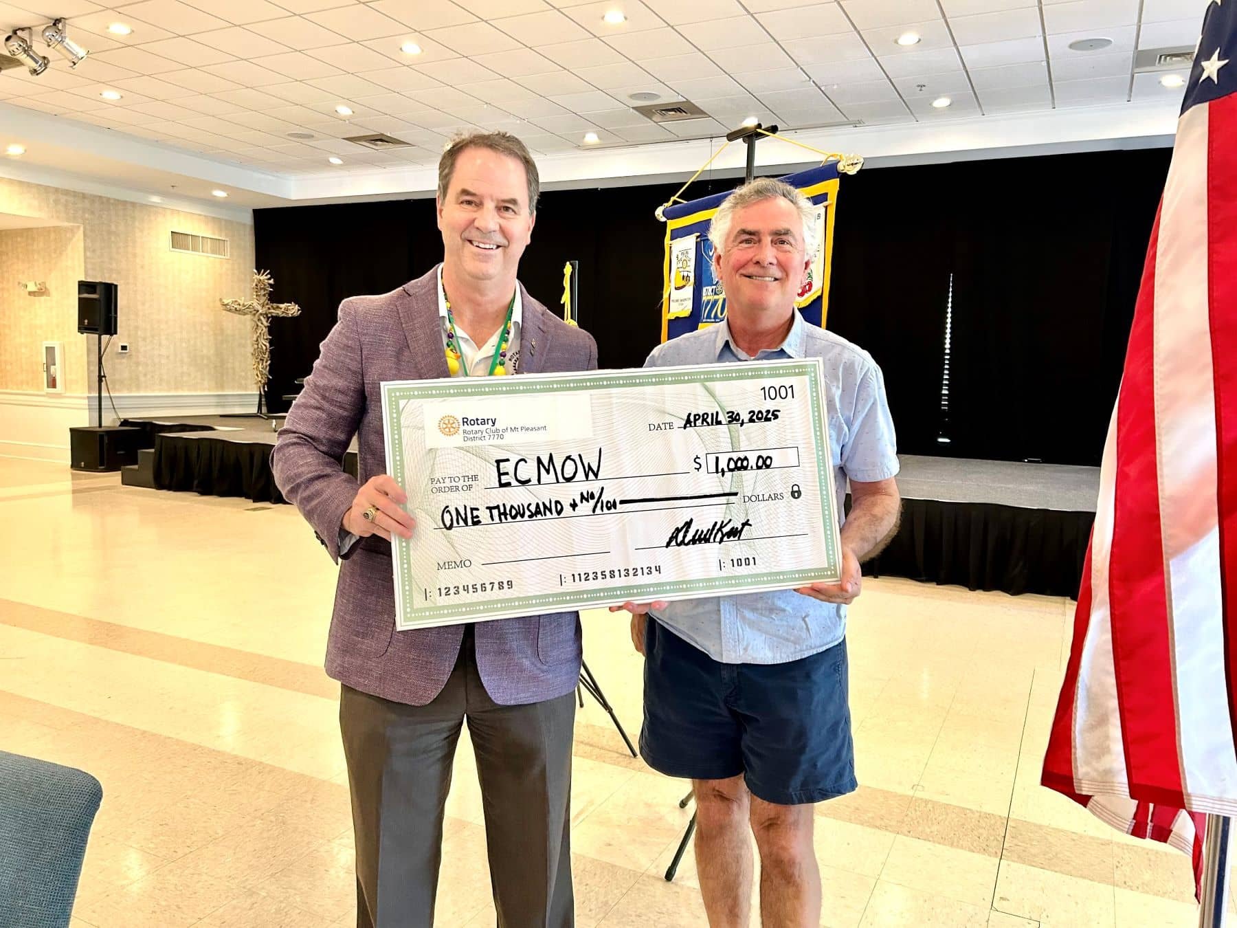 George Roberts thanks us for the donation of $1,000 to ECMOW given to him by our president, David Kent.
