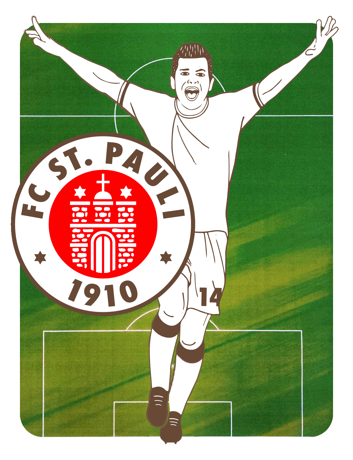 Illustration eines feiernden FC St. Pauli Fußballspielers mit dem Vereinslogo und der Nummer 14.