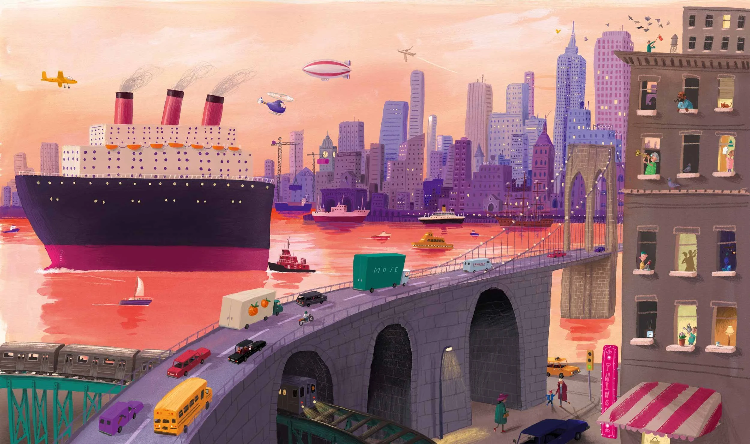Eine bunte, detaillierte Illustration zeigt eine Skyline von New York City. Im Vordergrund ist ein Wohnhaus zu sehen, aus dessen Fenstern Menschen nach draußen schauen. Im Hintergrund sind markante Gebäude wie die Brooklyn Bridge und ein Dampfschiff