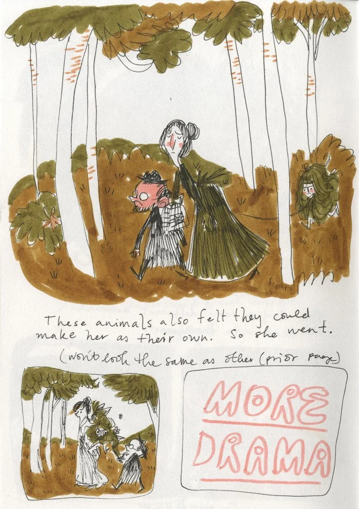 Es ist eine Skizze zu sehen, die eine Szene aus dem Buch "Wild" zeigt. Ein Mann und eine Frau ziehen ein kleines Mädchen mit wilden Haaren an einer Schnur hinter sich her. Alle drei Figuren haben einen missmutig-genervten Gesichtsausdruck. Neben der