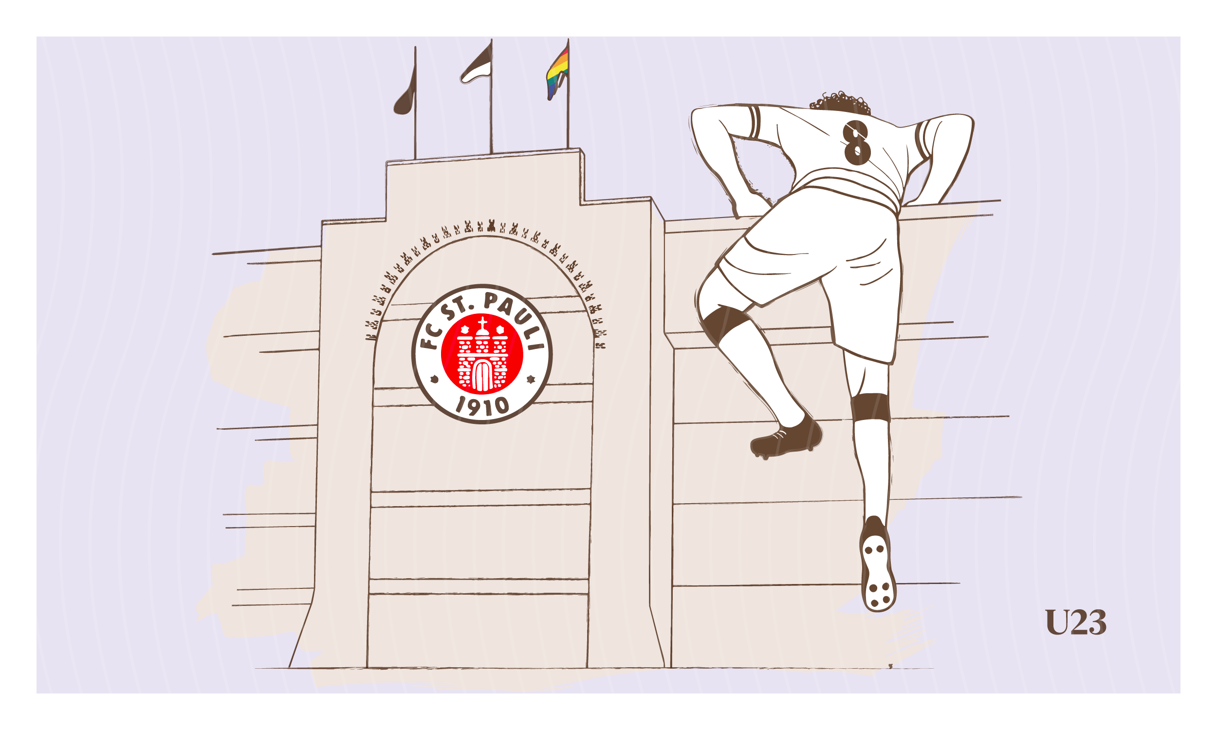 Ein FC St. Pauli Fußballspieler klettert über das Stadion, um den herausfordernden Übergang in den Erwachsenenfußball (U23 Modul) zu visualisieren.