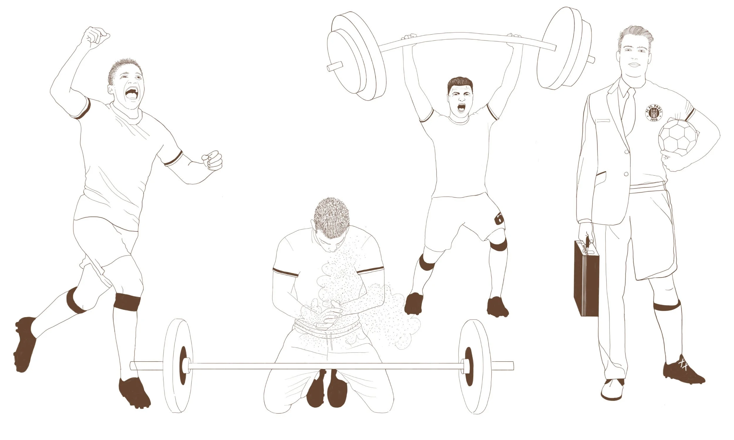 Skizzen der St. Pauli Sportpsychologie Module: U14 Teamkommunikation, U15 Selbstorganisation, U16 Emotionsregulation, U17 Zielsetzung, U19 Willensschulung und U23 Übergang gestalten.