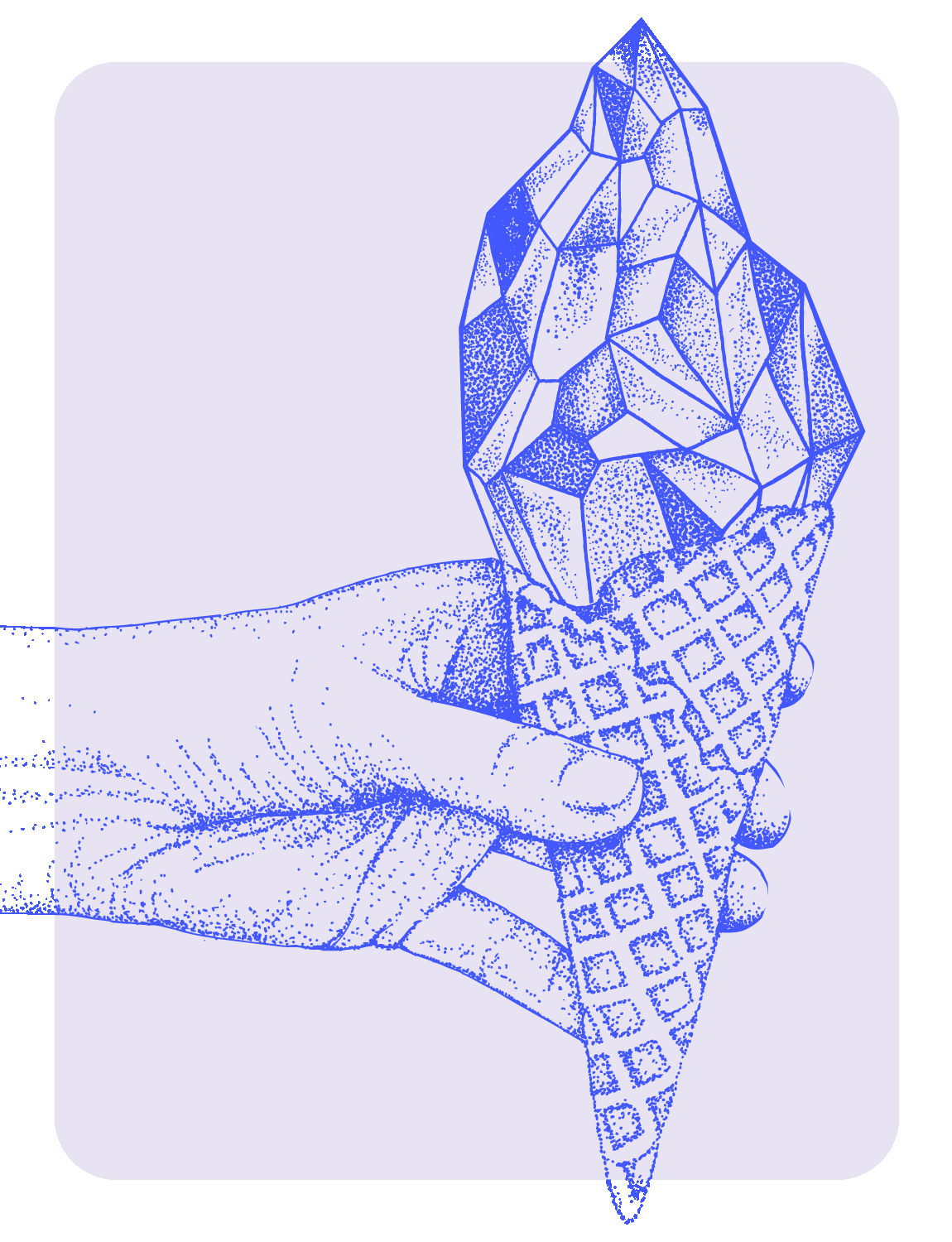 Detaillierte, blaue Illustration einer Hand, die eine Eistüte mit einer geometrischen Kristallform als Eiskugel hält.