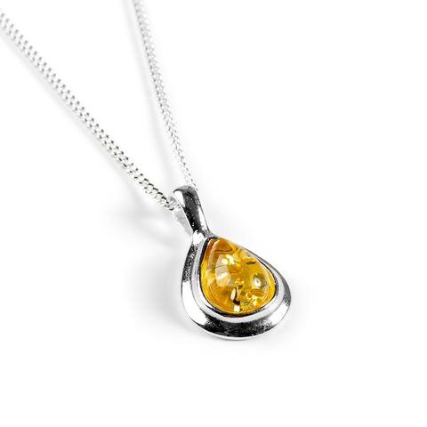 Silver &amp; Yellow Amber Teardrop Necklace
