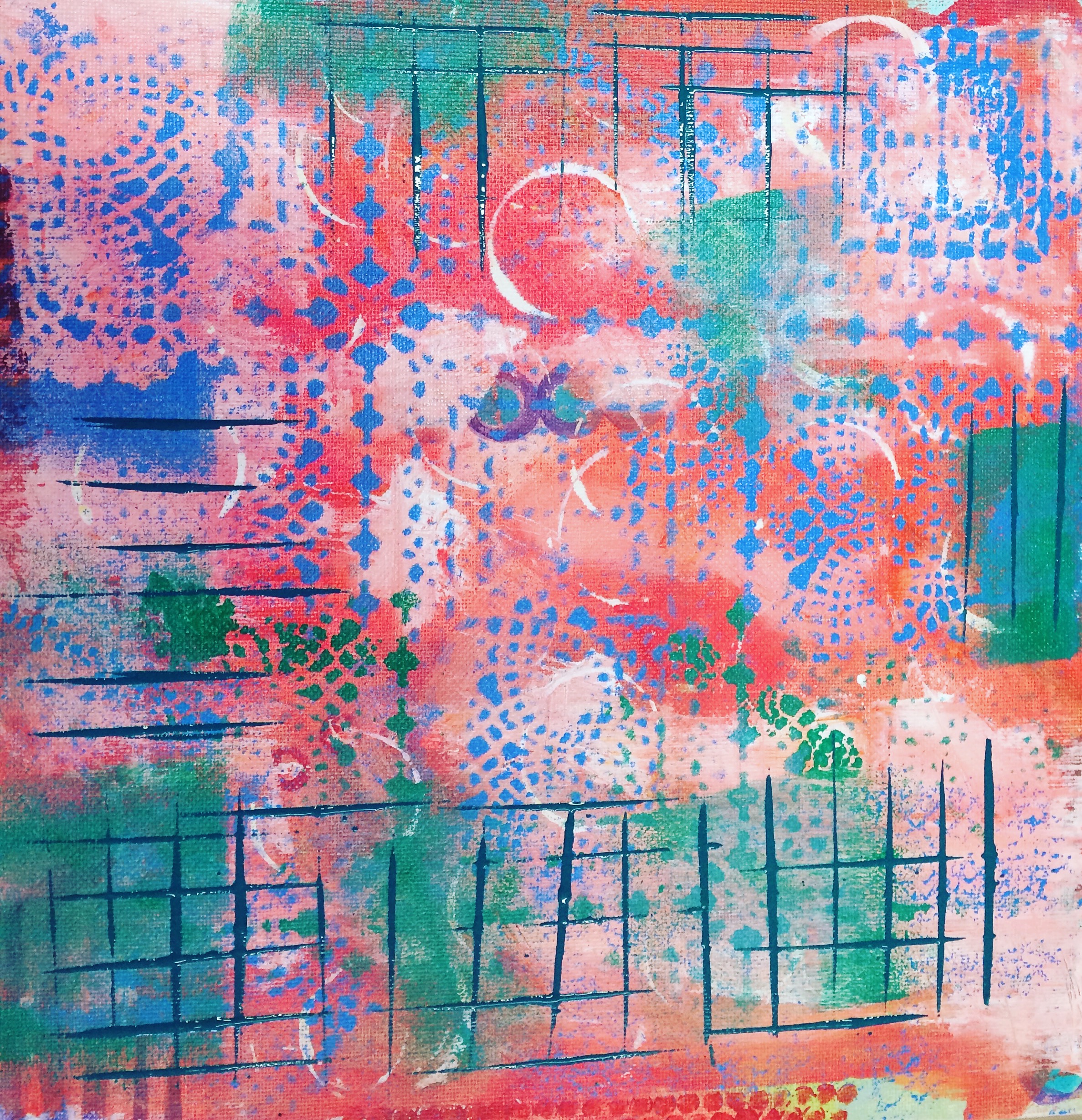 In this current WIP painting, I am using Golden Acrylic Paints, a piece of tablecloth which I have used as a stencil ;)