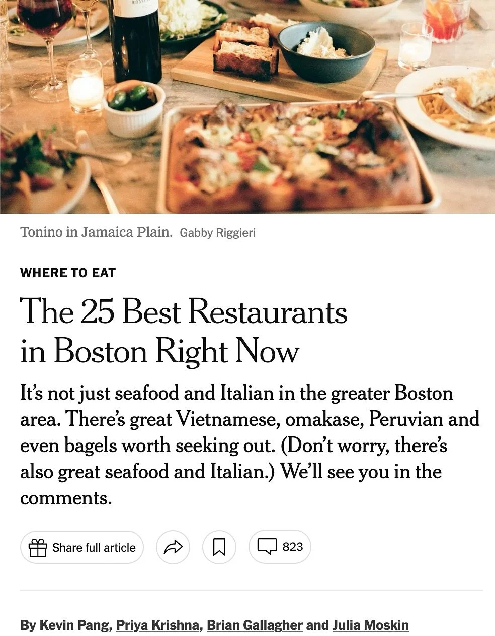 thank you @nytimes for featuring us in your top 25 Boston restaurants again this year. we&rsquo;re so damn proud of Chef Darrell &mdash; he&rsquo;s been with us for over ten years and is without a doubt one of the most talented, kind, and hardworking