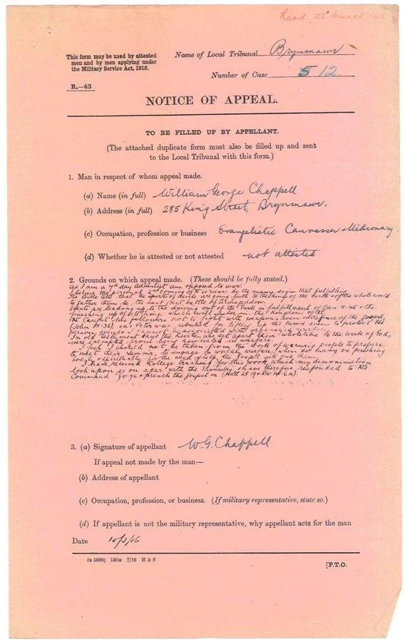 The Notice of Appeal at a tribunal held for William George Chappell for request to share the Gospel with his enemies rather than do them harm.