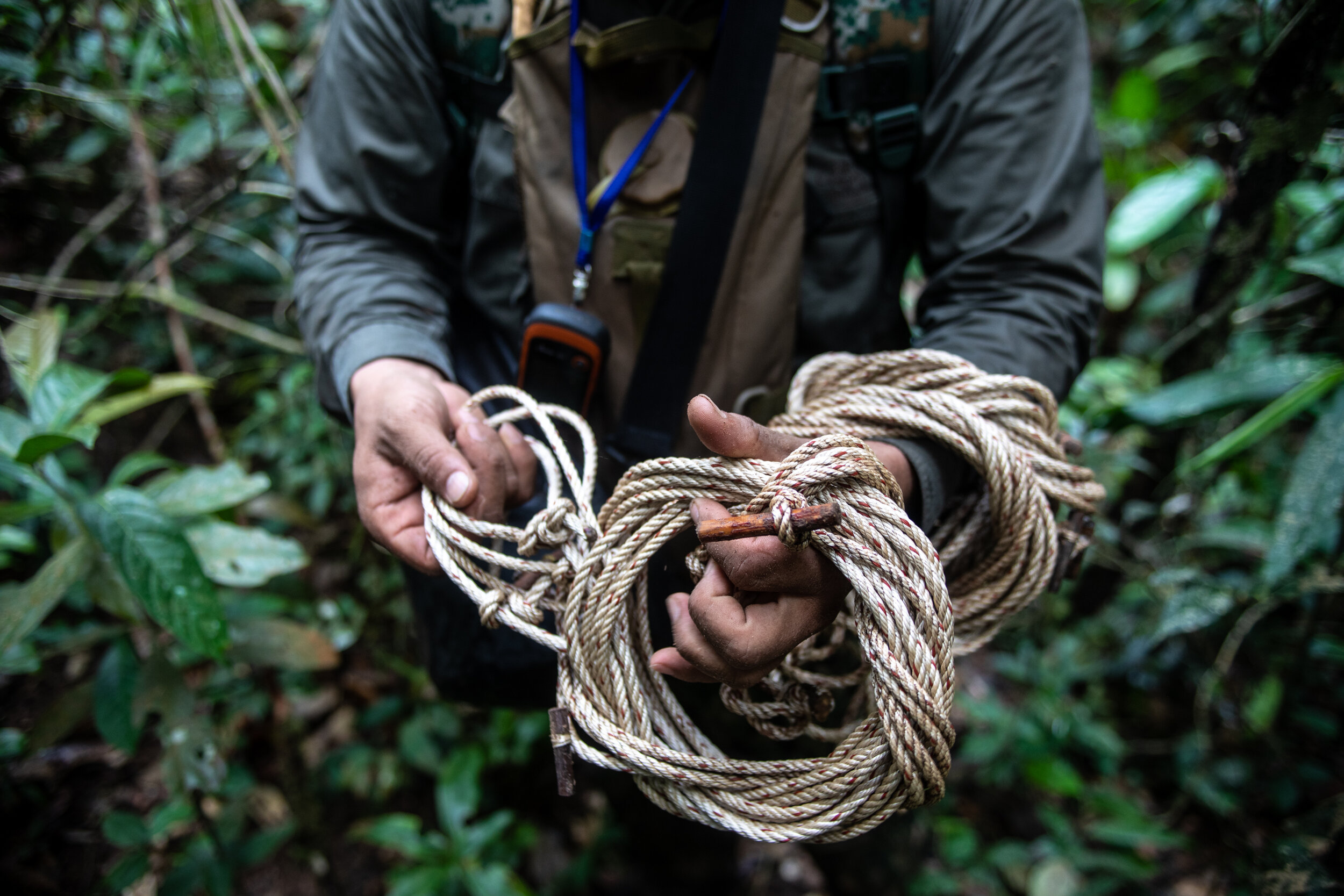  A ranger wraps freshly dismantled snares  to be packed up and brought back to the station.  Snares are considered the single greatest threat to ground dwelling wildlife in Southeast Asia. They are extremely cheap and easy for hunters to make; poache