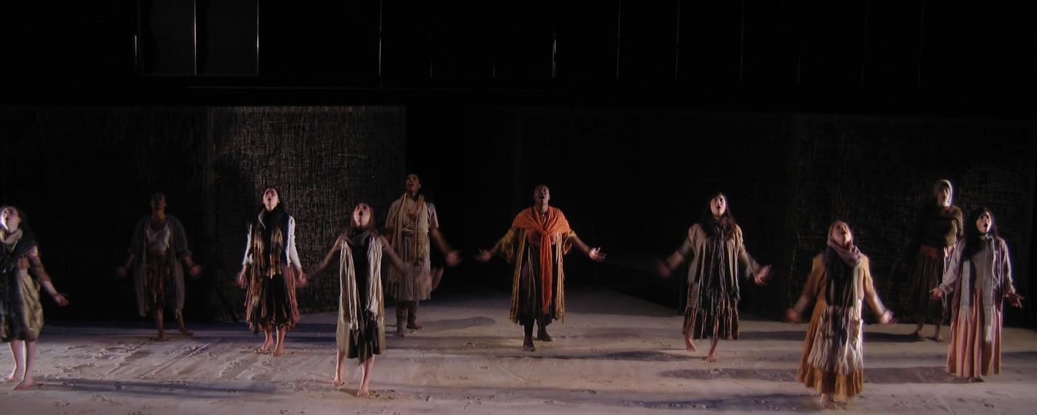 The Trojan Women, Ripe Time, SUNY Purchase, 2008, Pictured: Waymon Arnette, Landon Boyter, Karina Bradfield, Marcus Callendar, Aja Salakaster, Caleb Eberhardt, Lilly Egan, Sayre Fox, Le'Asha Julius, Jen Loring, Caitlin Ma, Aleca Piper, Melissa Toomey, and Sophia Zukowski