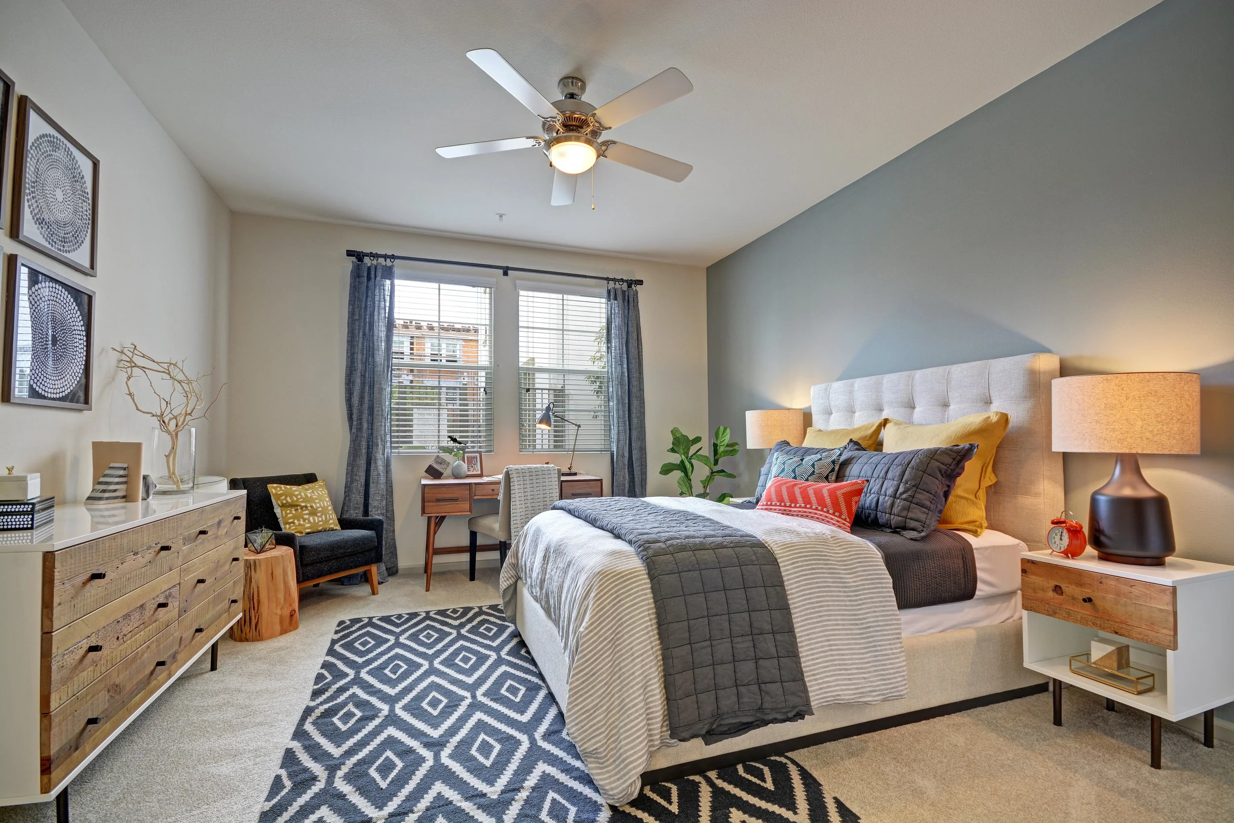 Master bedroom at Miro Apartments in Santa Fe Springs, CA.jpg