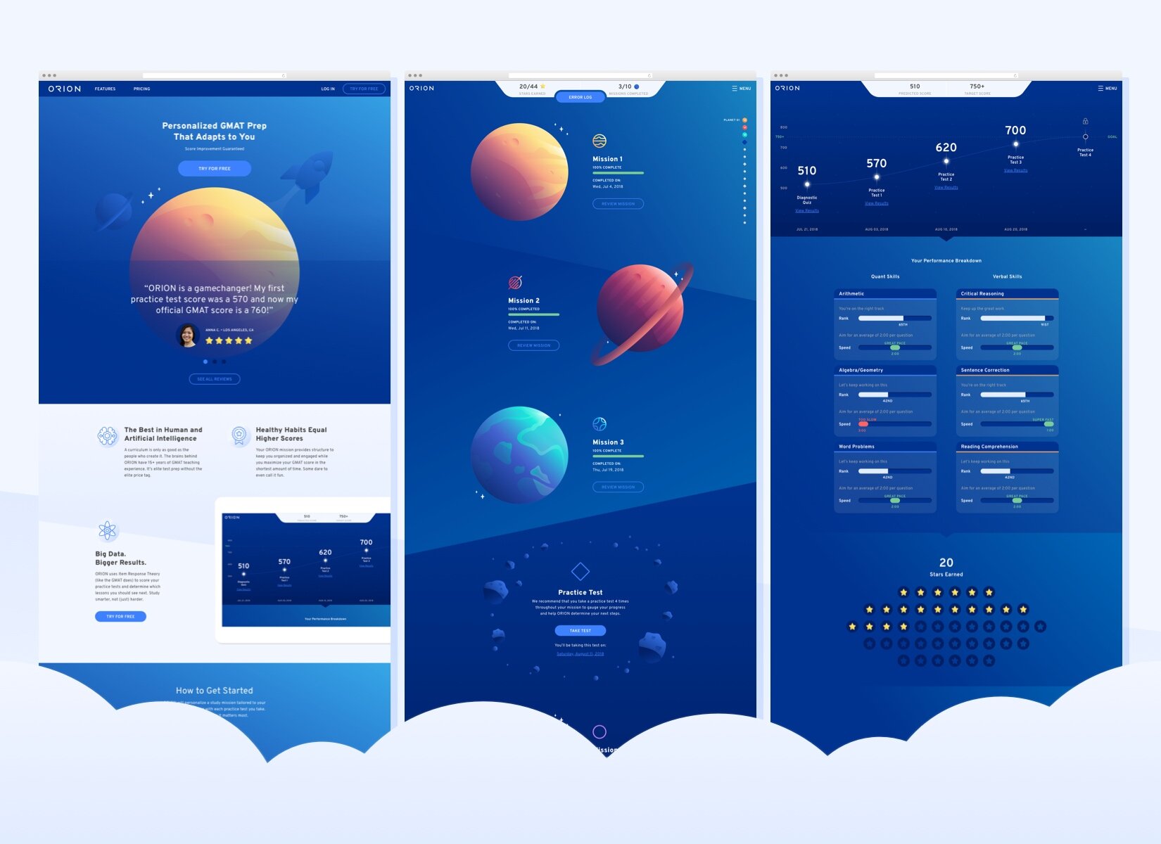 (L-R) Version 2.0 Landing Page, Study Mission Page, Stats Page