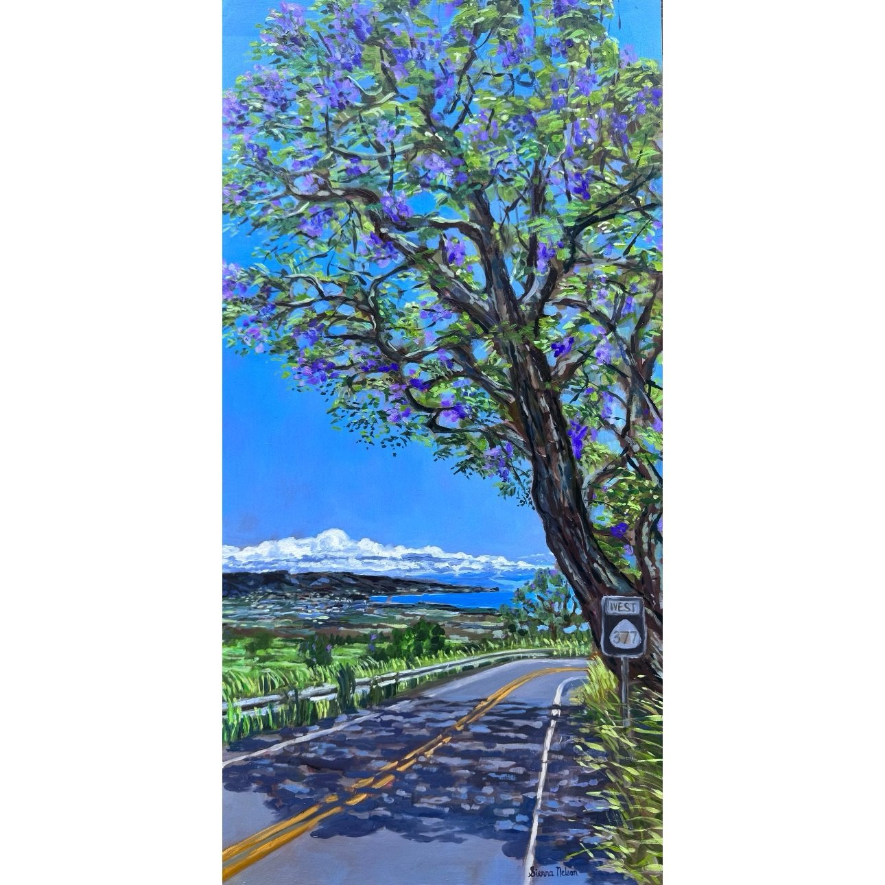 &lsquo;Jacarandas of Haleakala Hwy&rsquo; 
oil on wood 
20x12in