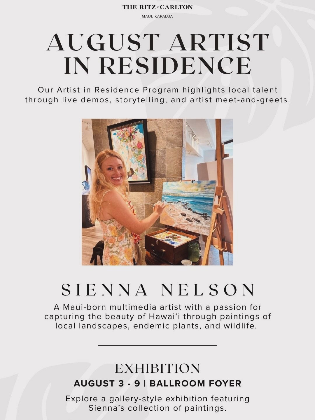 So excited to announce that I&rsquo;ll be the Artist in Residence at The Ritz Carlton Kapalua, Maui. I have so many fond memories of this incredible oceanfront luxury resort. I hope you&rsquo;ll join me for live painting demonstrations, exhibitions, 