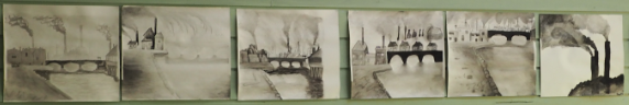 Sort/hvitt- malerier med motiv fra den industrielle revolusjon i 9. klasse.