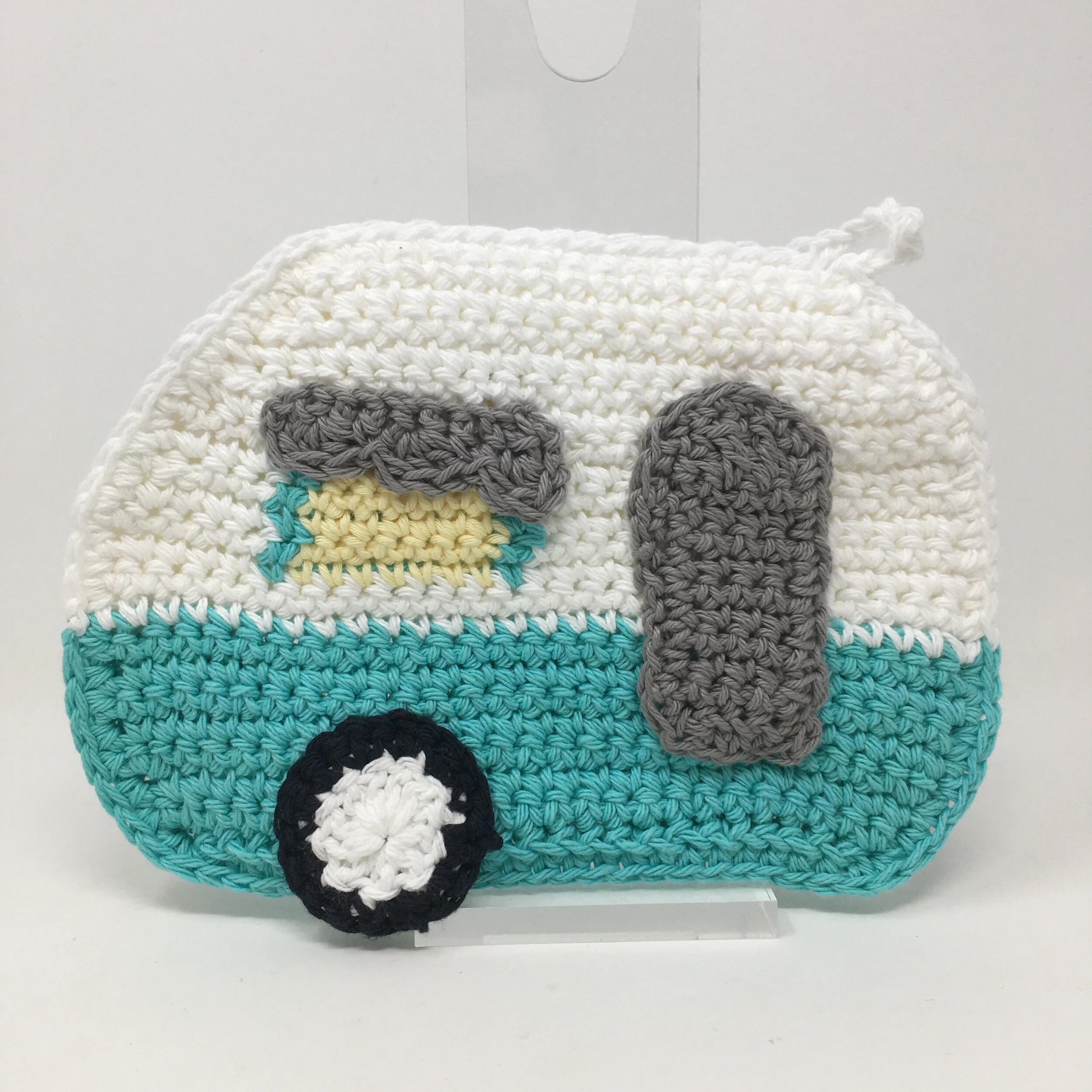 Happy Camper, Recycled Cotton Crochet Potholder, Kitschy Kitchen, Handmade Hot Pad