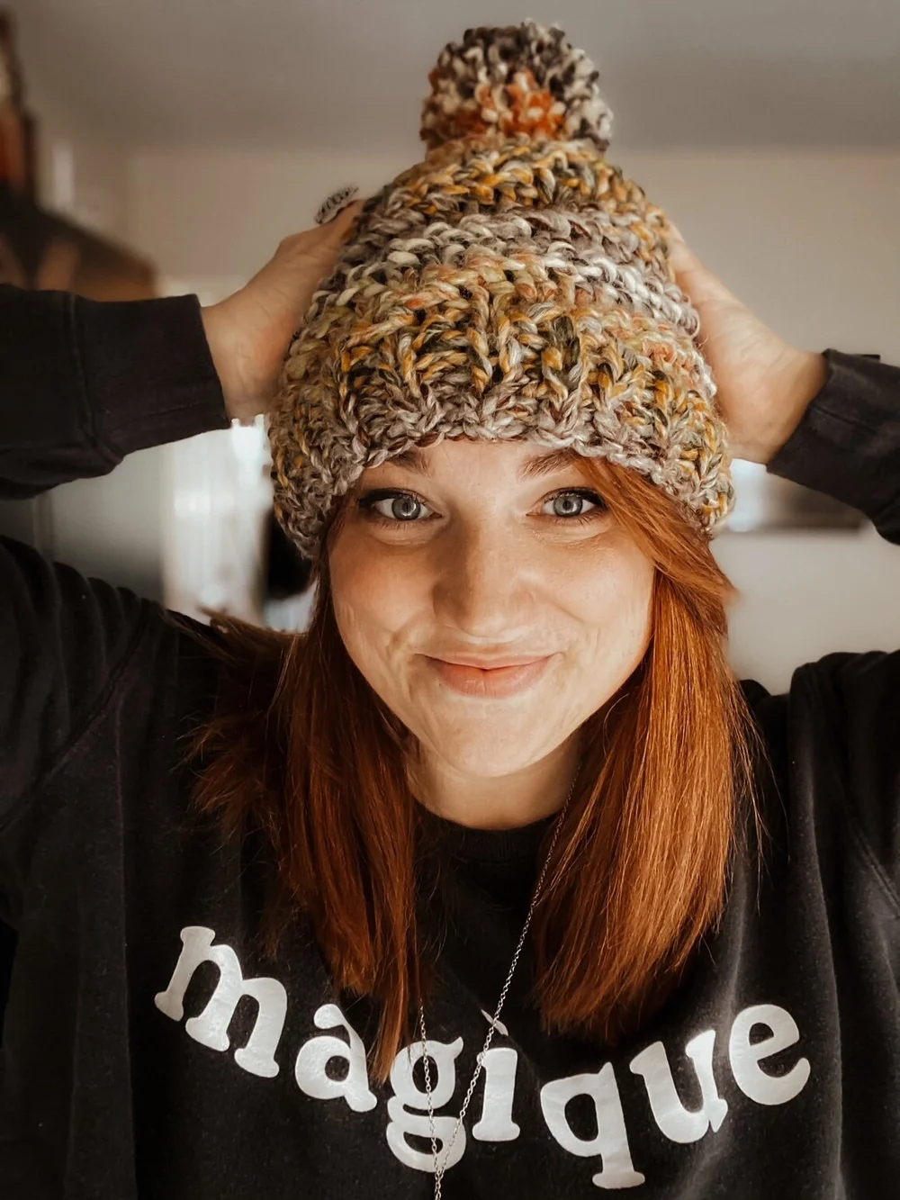 Handmade Knit Whimsical Womens Beanie with Pom Pom, Mustard  display picture 2