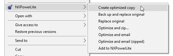 NXPowerLite Explorer right-click menu