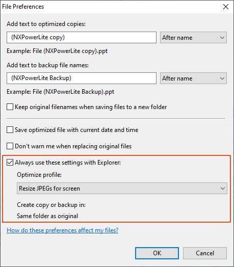 NXPowerLite File Preferences