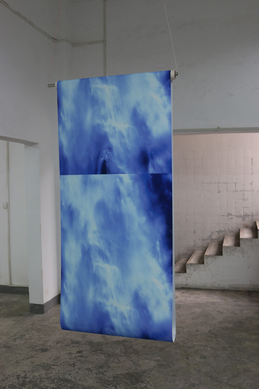 Tully Arnot , Waterfall , 2016 digital print on fabric, shutterstock image, metal, plastic, motor, electronics, 120 x 350 x 15cm