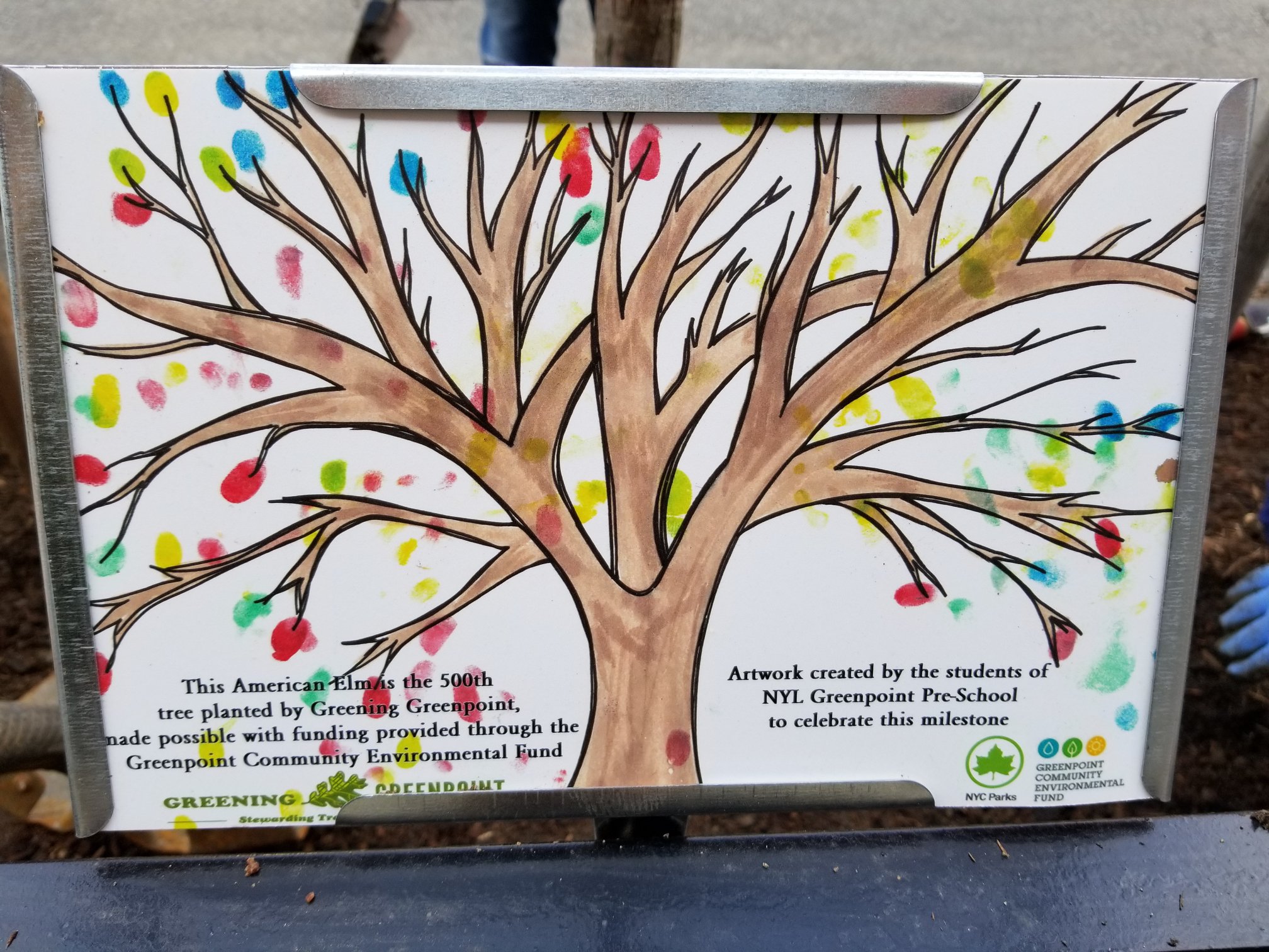Sign for the tree bed featuring artwork created by the students of NYL Greenpoint Pre-School