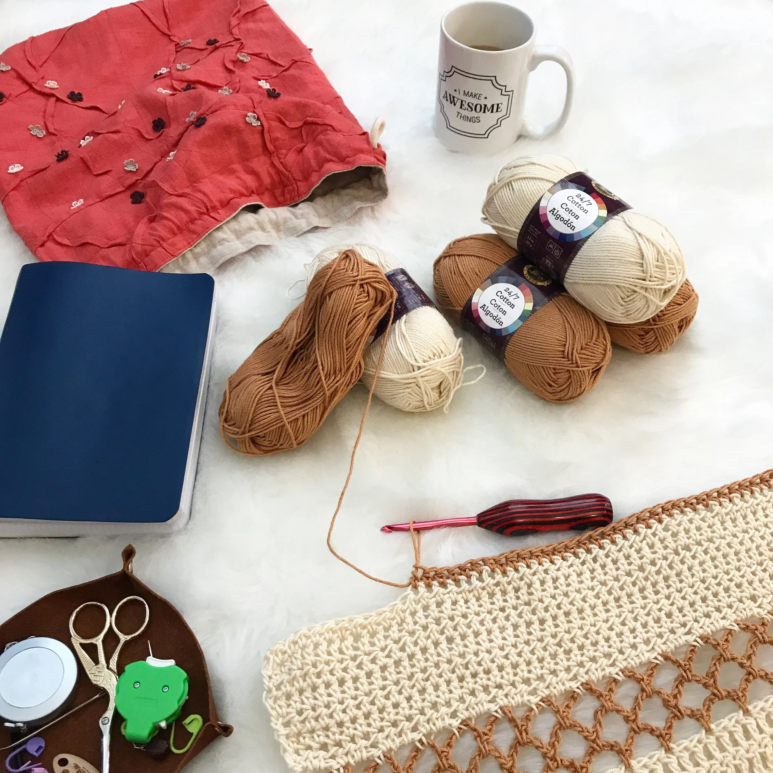 Design / Pattern Writing Essentials: Yarn, Coffee, Notebook, Markers, Tape Measure, Notions.