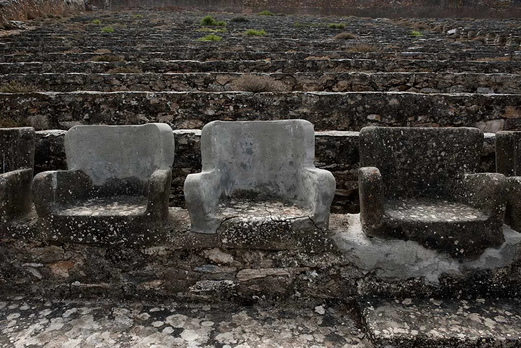 Open theater at abandoned concentration camp. Makronisos island, Cyclades. Greece.