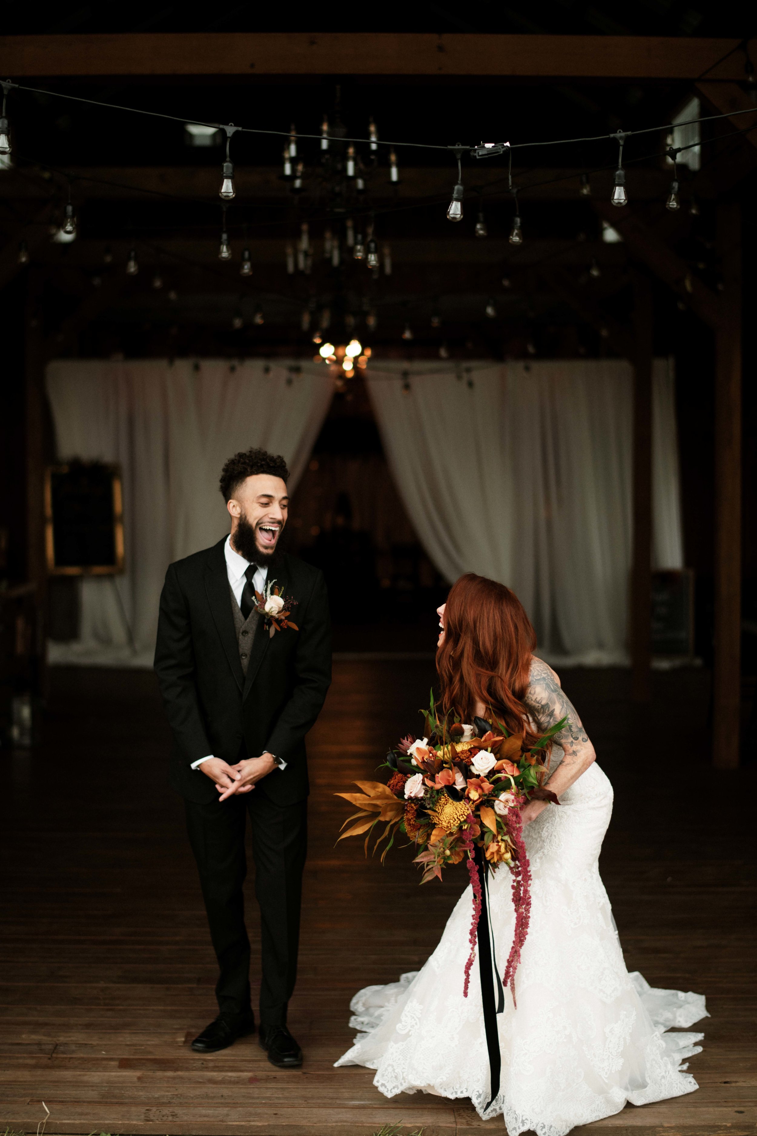Laughing Bride and Groom Fall Wedding Rich Colors