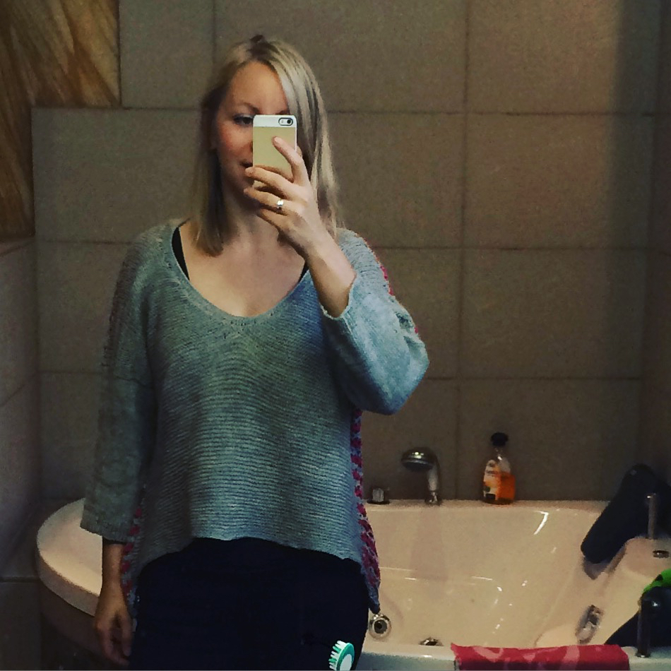 The above mentioned sweater, made in Iceland. Not-so-cameo appearance of messy bathroom included.
