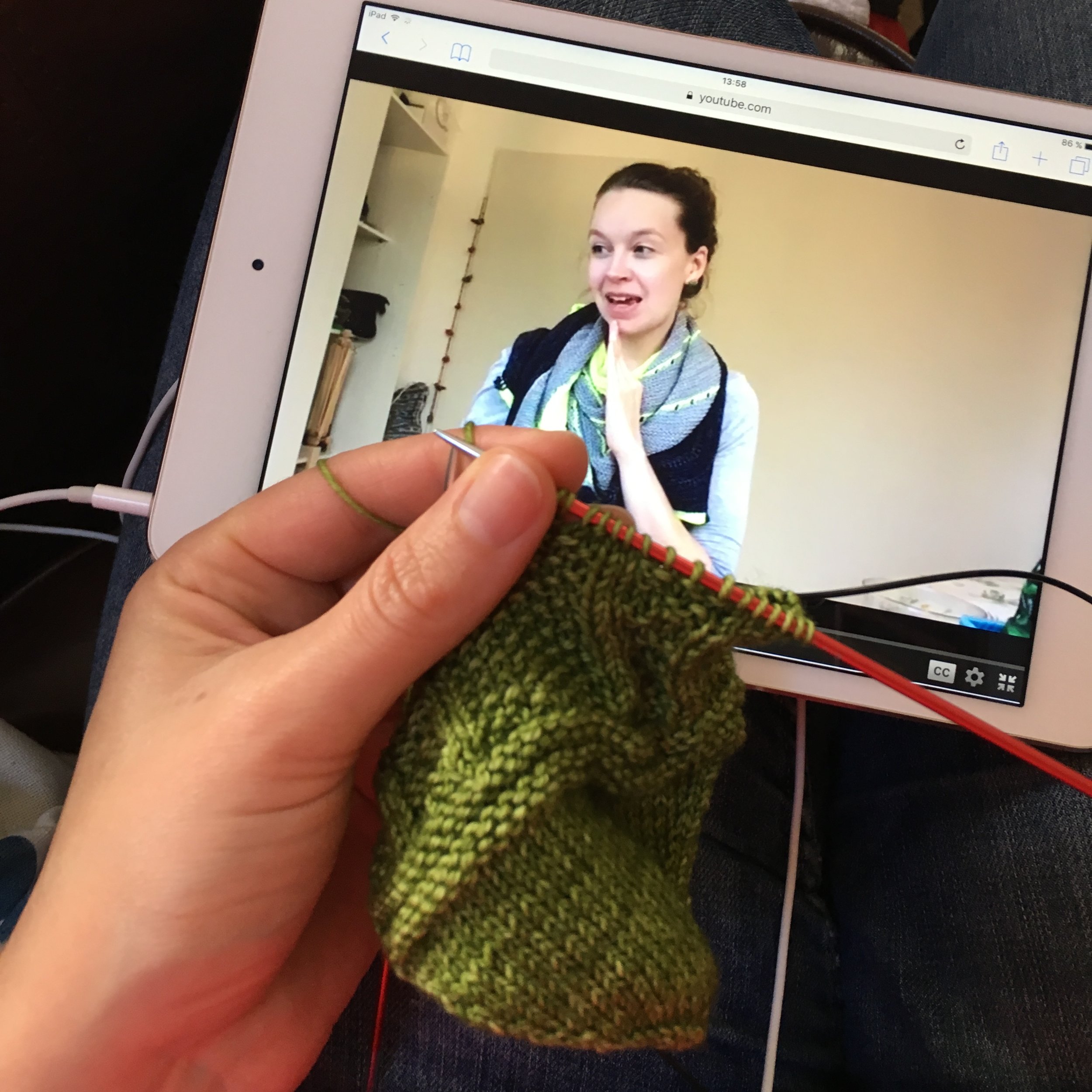 My idea of a perfect Saturday evening: Catching up on podcasts and knitting.
