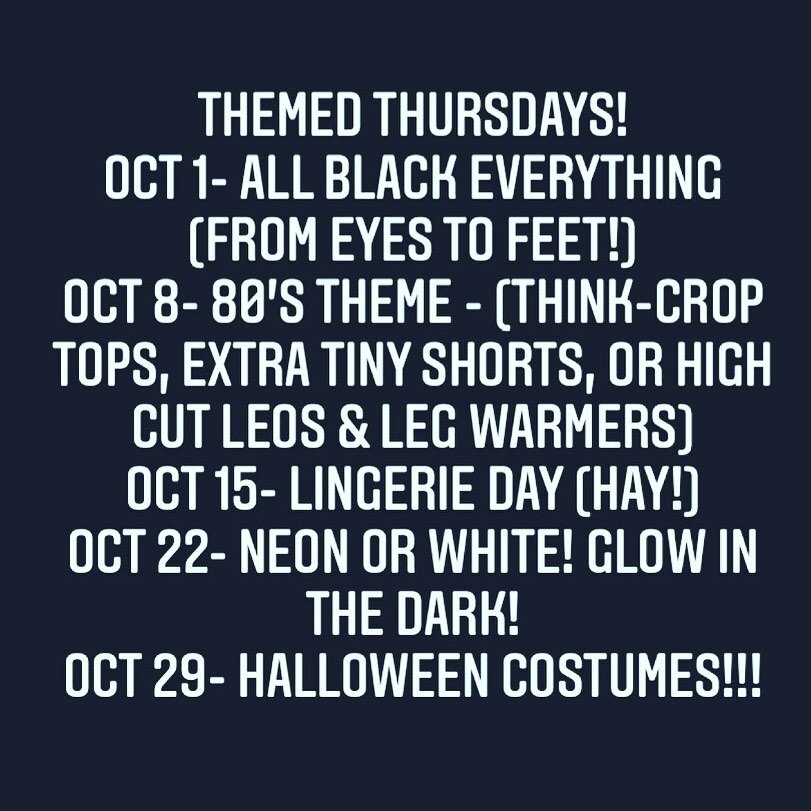 Themes for Thursday for all of October! Since we&rsquo;re late to the game, this Thursday is easy peasy! All black everything! Get goth with it! Eye makeup encouraged! 🖤🖤