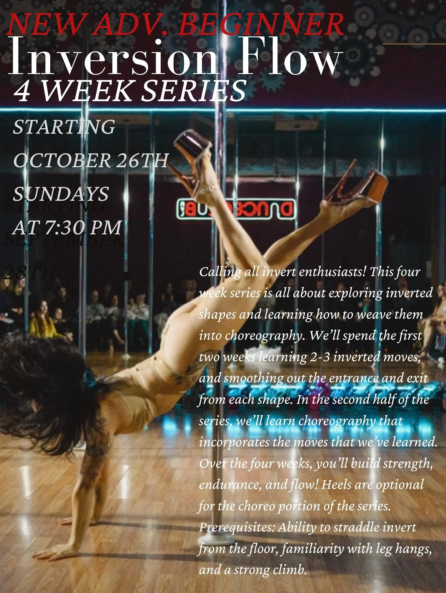 New 4 week Advanced Beginner Inversion flow with @spinny_lou_who is starting October 26th! 🙃

Calling all invert enthusiasts!
 
This four week series is all about exploring inverted shapes and learning how to weave them into choreography. We&rsquo;l