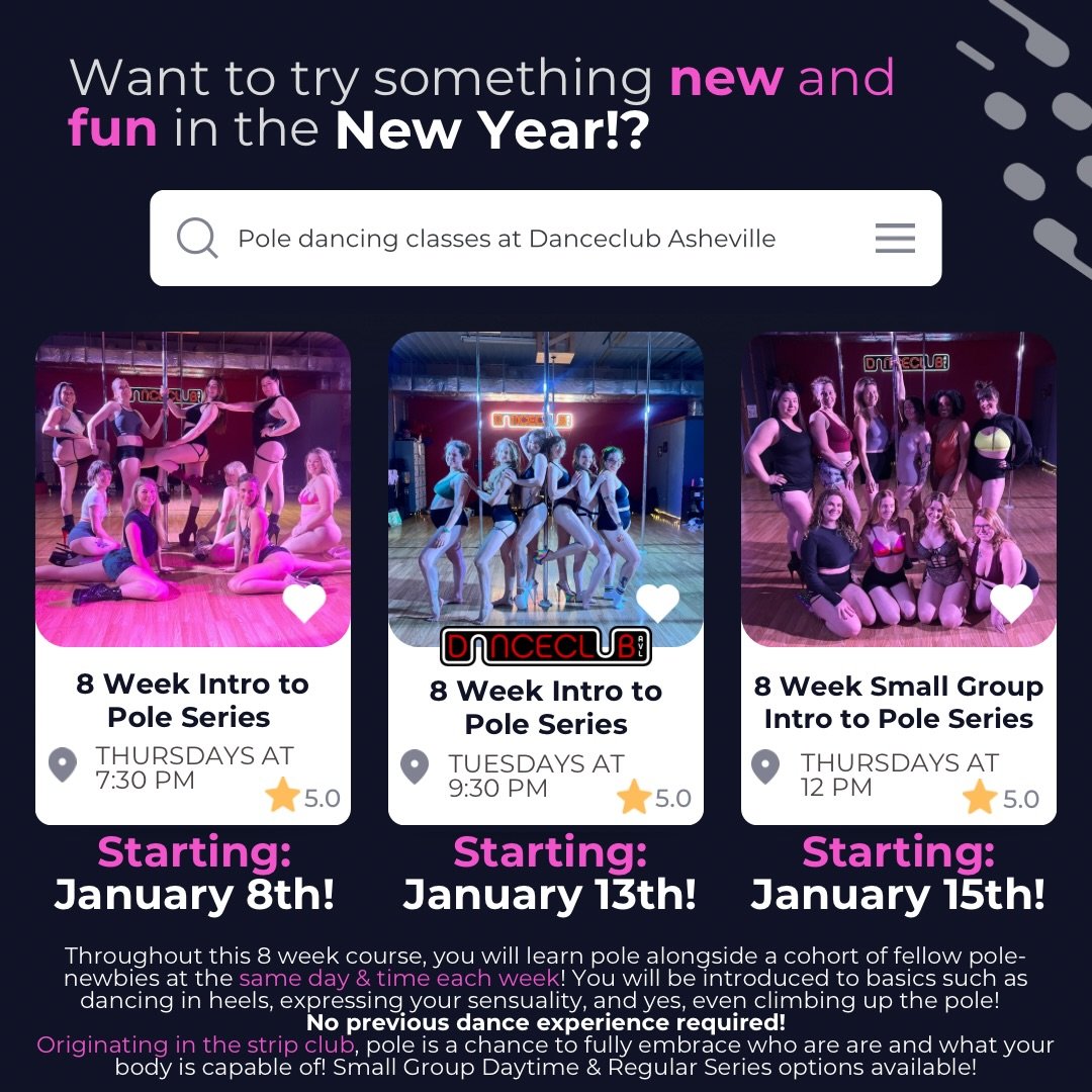THREE new Intro to Pole Series options are coming up in the New Year! 🎉 Regular &amp; Small Group options are available! Come join us 🫶

🎉 New 8 Week Intro to Pole Series
Starting January 8th- Thursdays at 7:30 PM

🎉 New 8 Week Intro to Pole Seri