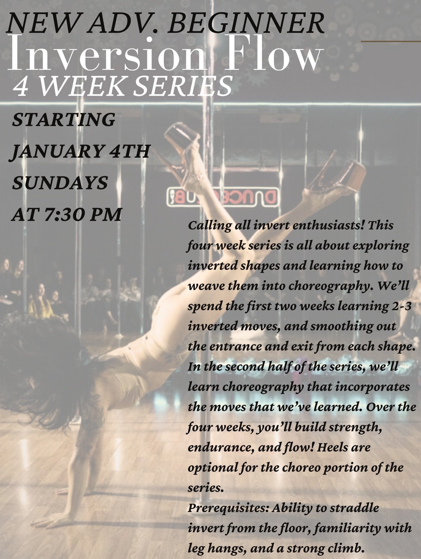 The New Year is approaching! Check out @spinny_lou_who &lsquo;s new series coming up on January 4th! ✨

Monday

11- Open Pole
5:30- Hip Hop Fitness
5:30- Intermediate/Advanced SPINNING pole drop in (strong aerial &amp; trap invert required)
6:30- Int