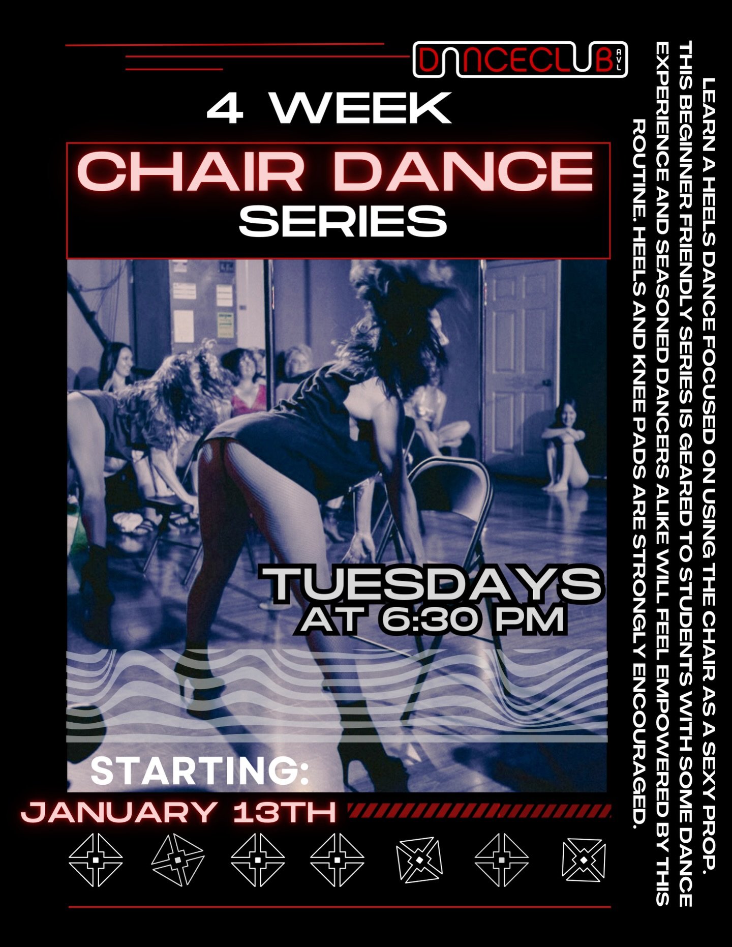 Join @staygoldavl for her 4 Week Chair Series starting Tuesday January 13th-Tuesday February 3rd at 6:30 pm!
 
Over the course of the 4 weeks you will learn a heels dance focused on using the chair as a sexy prop! 

This beginner friendly series is g