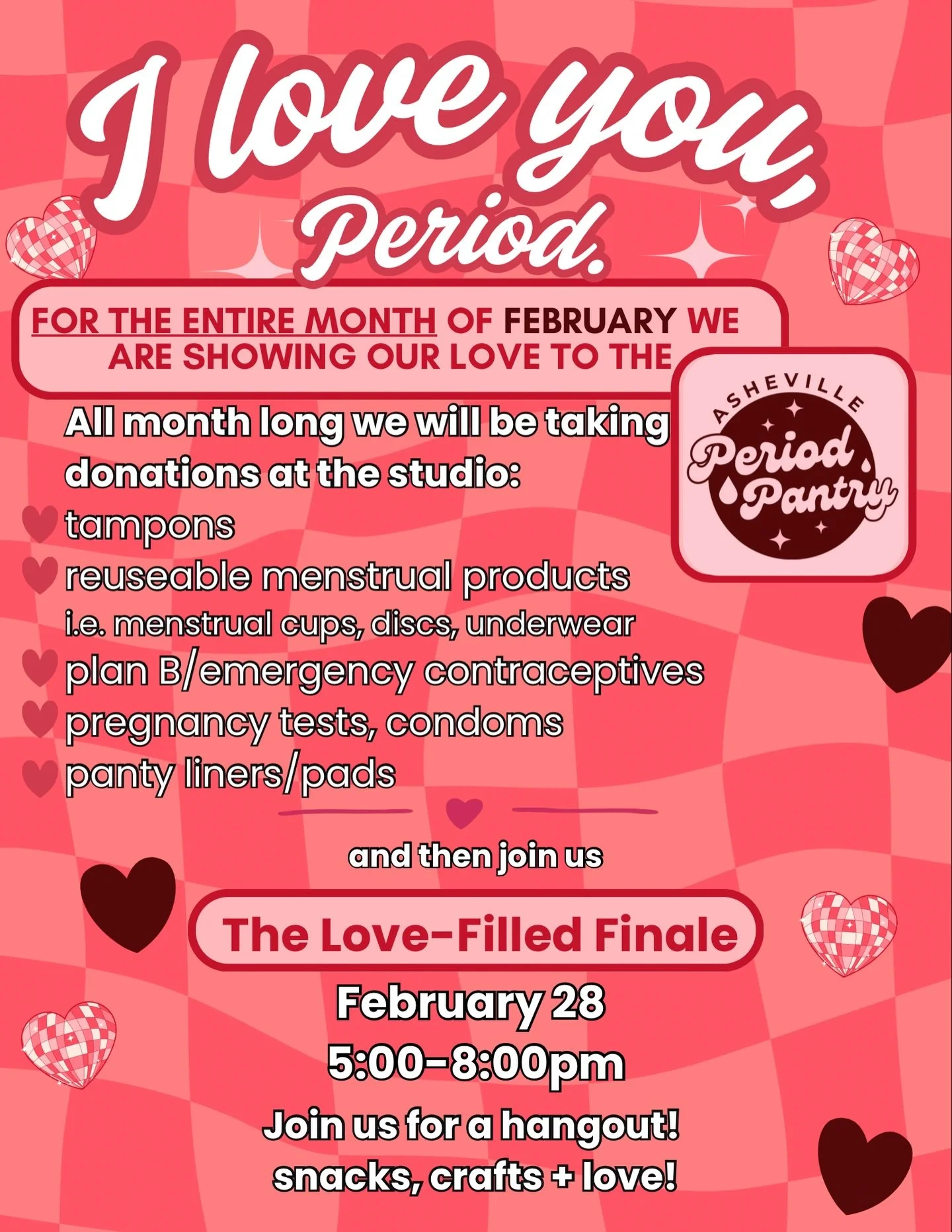 For the month of February, we&rsquo;ll be showing our love for the Asheville Period Pantry! 

@ashevilleperiodpantry is a local non-profit that offers free period products to menstruating people via pantries set up throughout Asheville. 
During the m