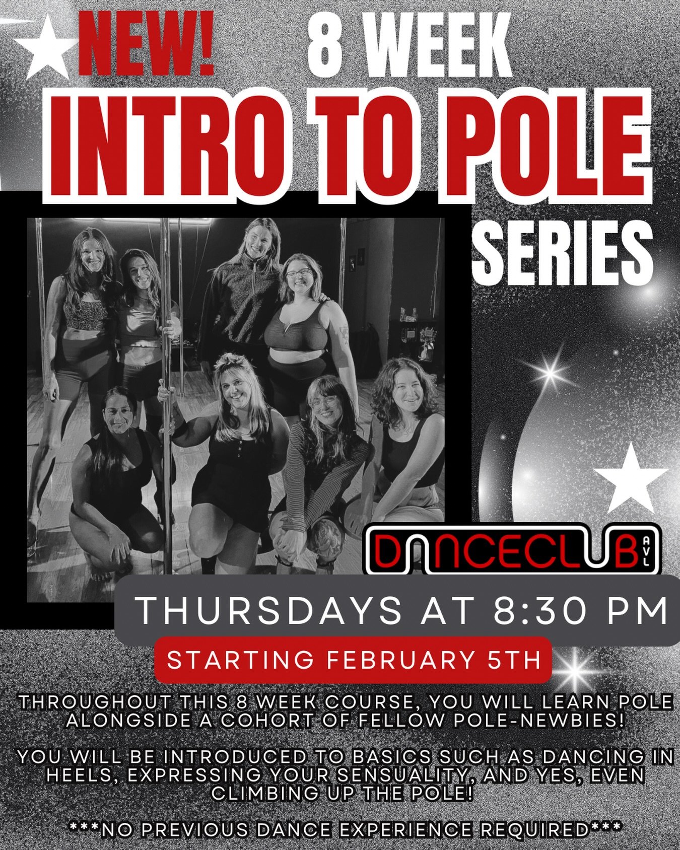 Come join us for a new 8 Week Intro to Pole Series starting February 5th- Every Thursday at 8:30 pm! ❤️

Throughout this 8 week course, you will learn pole alongside a cohort of fellow pole-newbies- Same time, same day- every week!
&nbsp;
You will be