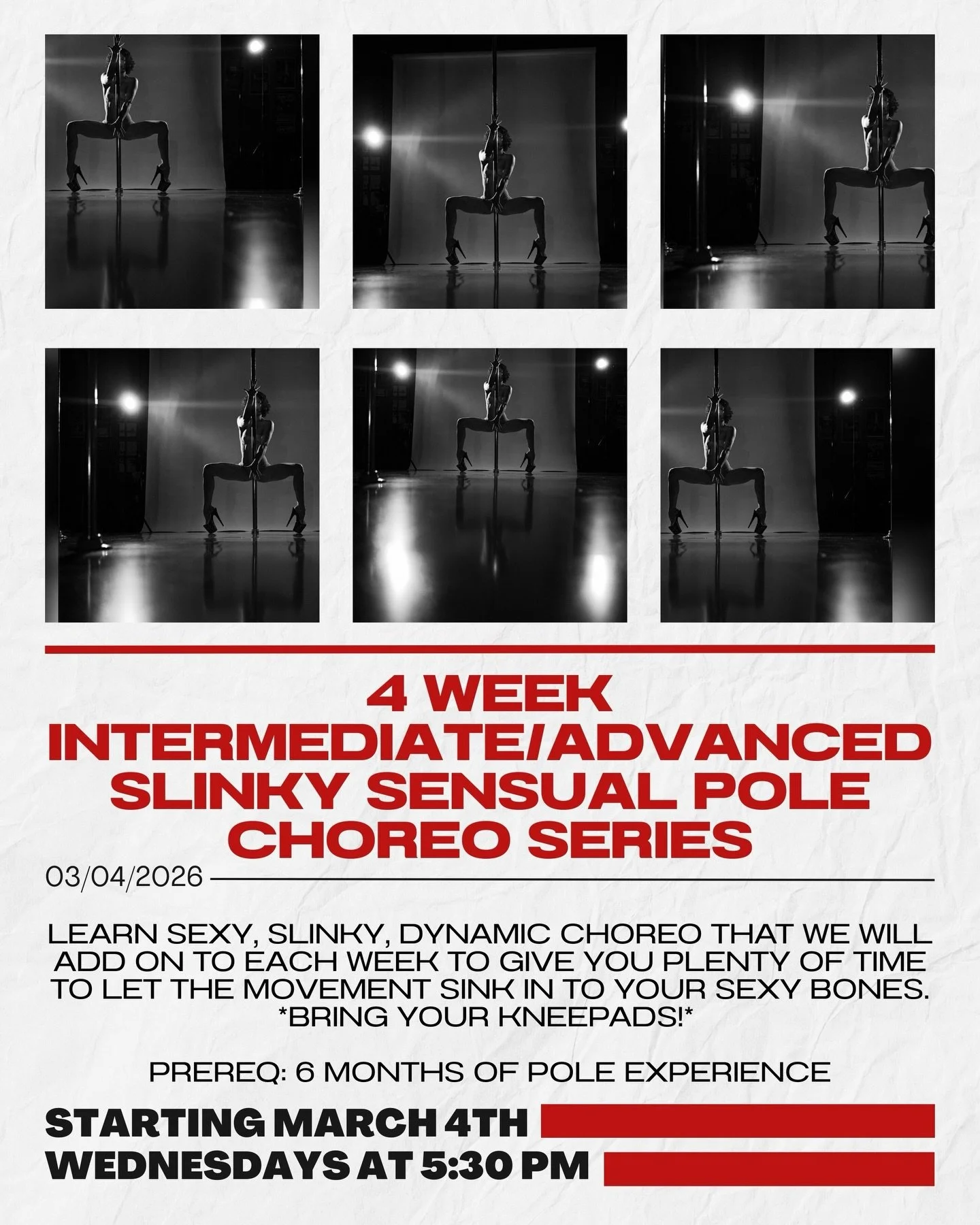 Check out all the series options coming up with 
✨ @boo_velvet ✨

TUESDAY
12- 8 Week Small Group Beginner 1 Pole Series (full)
4:30- Open Pole
5:30- Advanced Beginner Spin Drop in with Dance &amp; Tricks! - (Prereq- strong aerial Jasmin on spin )
6:3