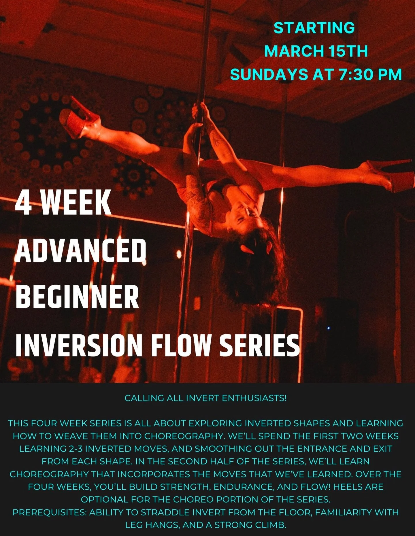 *New Inversion Flow Series with @spinny_lou_who ! March 15th- Sundays at 7:30 pm!* 
💥Also- A new intermediate Slinky &amp; Advanced Beginner Spinvert Series start today! 👇

Wednesday
5:30- Intermediate/ Advanced Slinky Sensual Series (New! Spots av