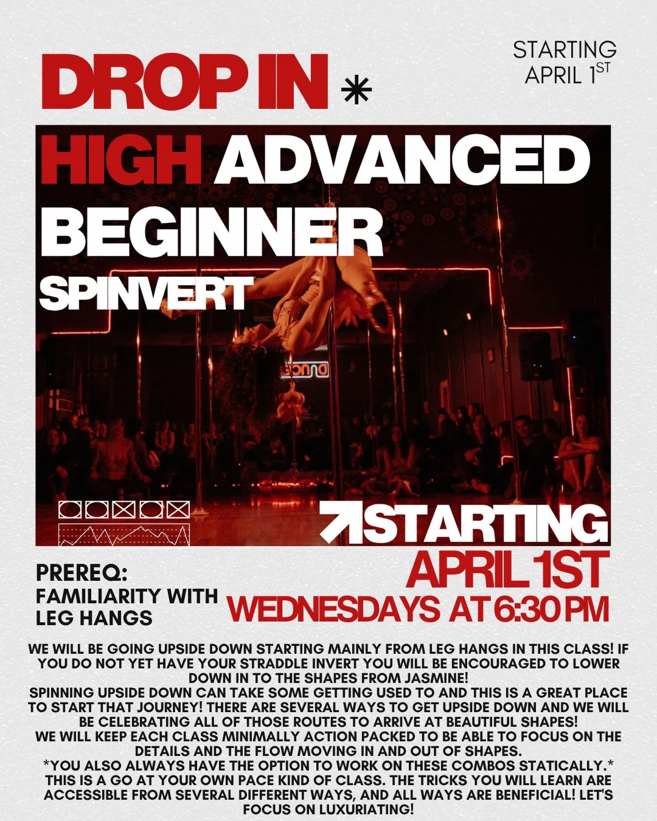 More deets about this class in stories! ✨

TUESDAY

12- Small Group Beginner 2 Pole Series (full)
4:30- Open Pole
5:30- Advanced Beginner Spin Drop in with Dance &amp; Tricks! - (Prereq- strong aerial Jasmin on spin )
6:30- Floor Play Performance Ser