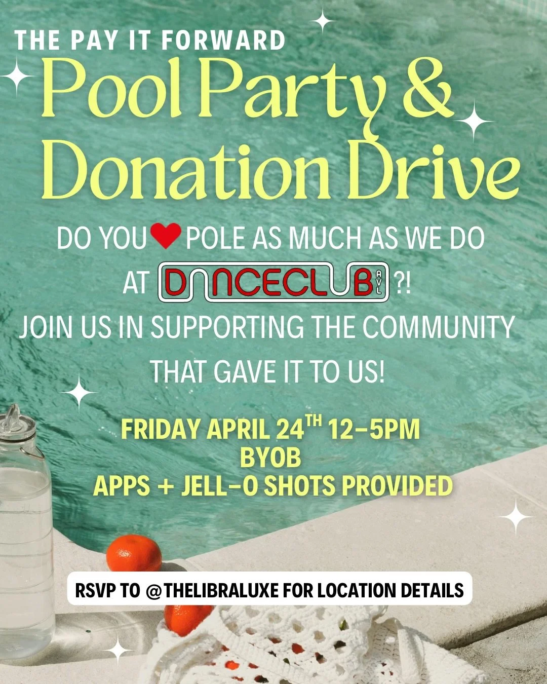@thelibraluxe &amp; @pole_angel_ have collaborated to bring you the most fun Pool Party with a cause! Mark your calendar and RSVP to  @thelibraluxe ✨❤️ If you can&rsquo;t make the pool party, you can bring your donations to the studio from now until 