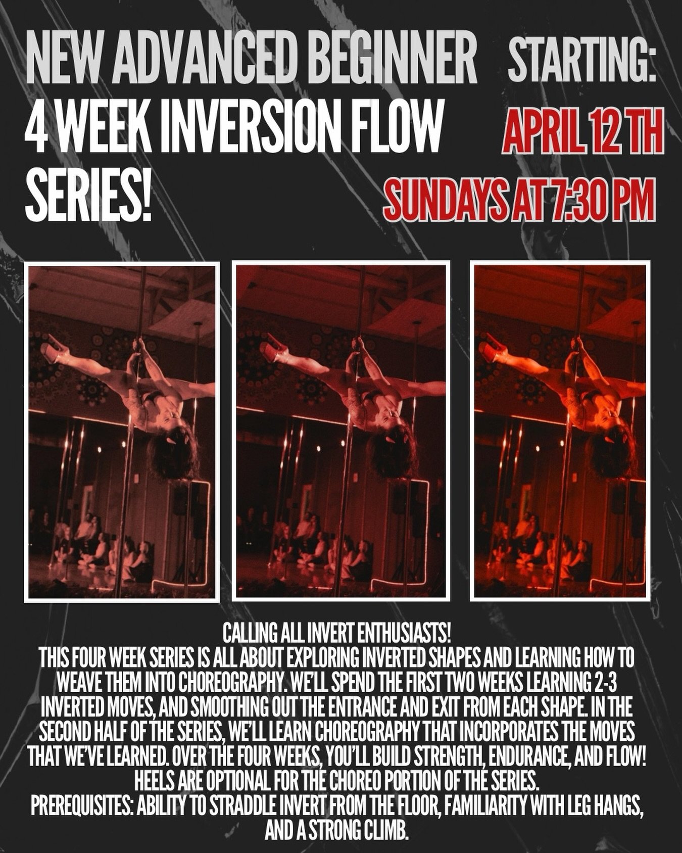 Happy Friday! ❤️ @spinny_lou_who has a new Inversion Flow Series starting next Sunday 🙃

Also- BENTLEY REBEL WORKSHOPS ARE THIS SATURDAY! 

Friday 
10- Liminal Space- Pole Transitions &amp; Details Drop in! Prereq- 4 month of pole experience 
3-10 W