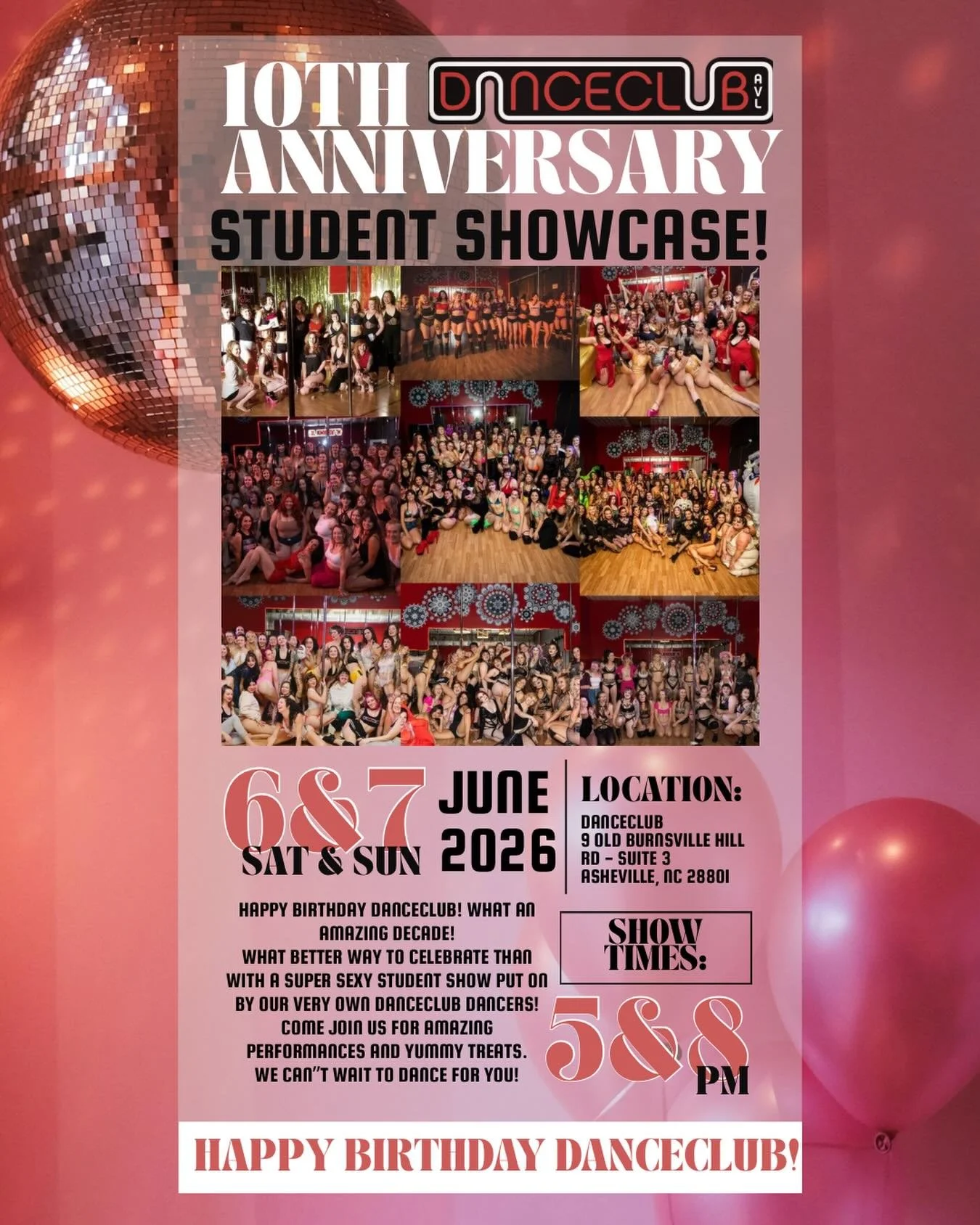 It&rsquo;s almost time to PARTY!!!! 🎂❤️🔟

Tickets are up! We can&rsquo;t wait to CELEBRATE!!! Join us for another amazing- and EXTRA special Student Show for Danceclub&rsquo;s 10th Anniversary! We can&rsquo;t wait to see you!