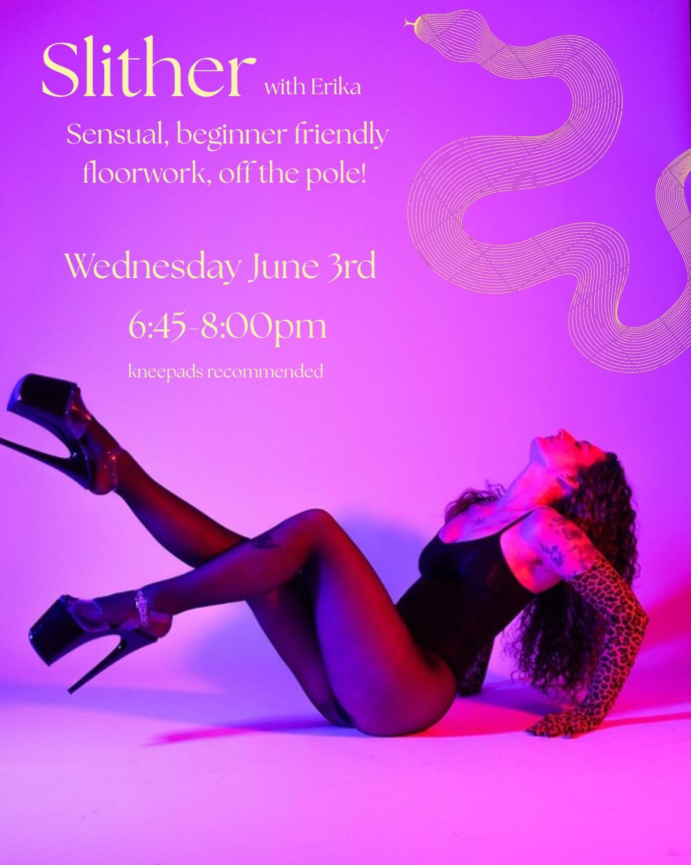 @princessgrip_ has a new Slither Pop Up! Wednesday June 3rd from 6:45-8 pm! All levels 🐍

Slither is a beginner-friendly floorwork class centered on presence, embodied movement, and slow, exploratory work close to the ground. This class invites you 