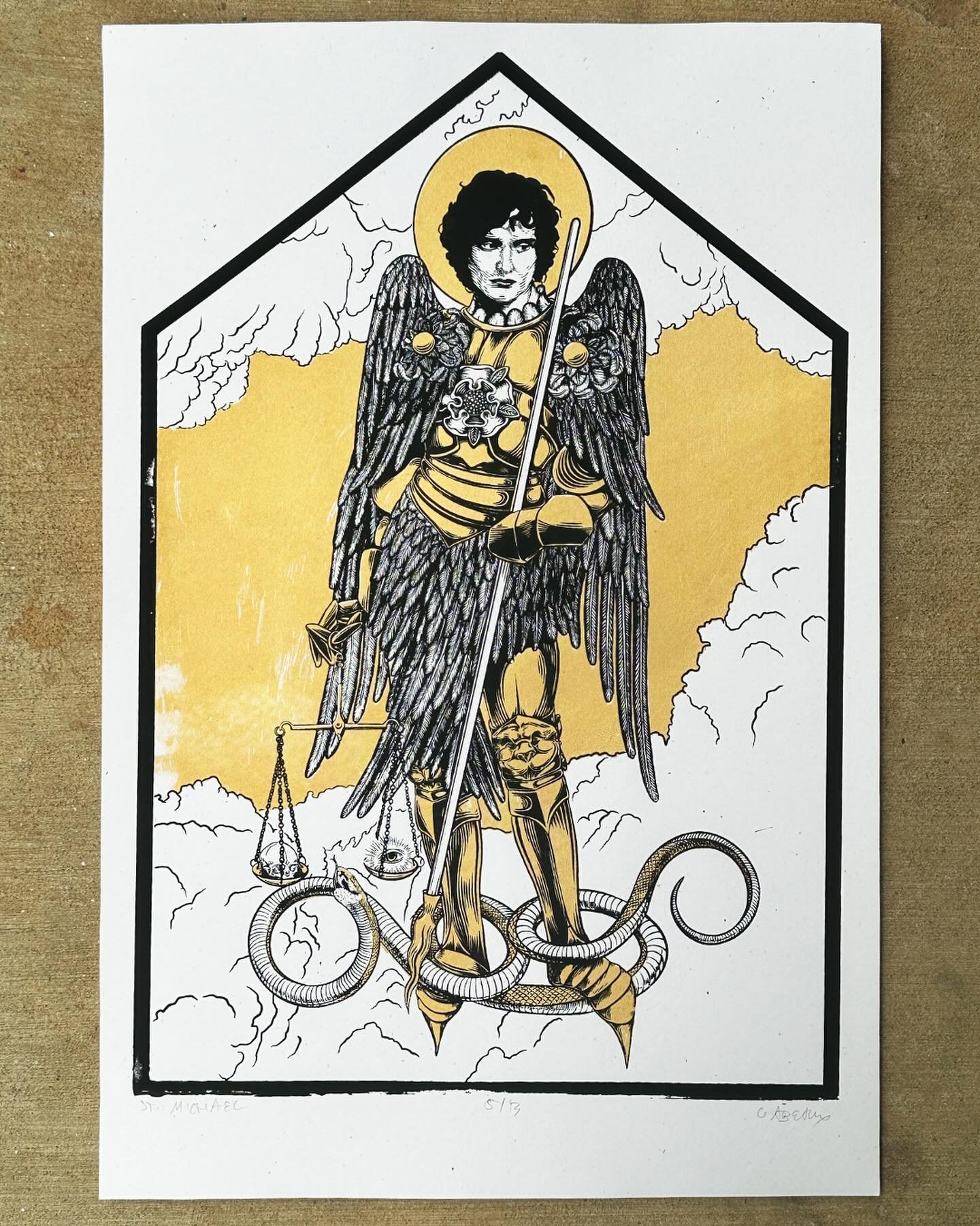 St. Michael is back in the shop (link in bio), now with gold ink! 12&rdquo;x18&rdquo; hand screen printed edition of 30. 

#gabeaux #screenprint #screenprinting #printmaking #detailedart #illustration #goldink #hatching #drawing