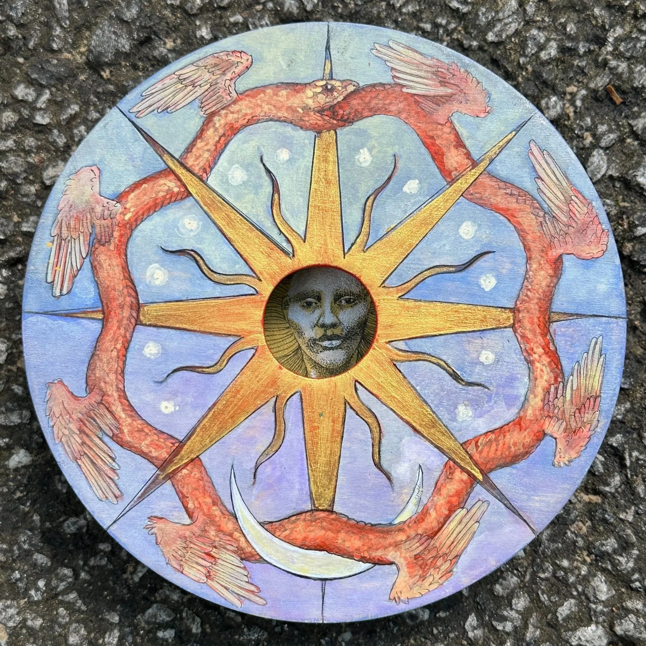 Woman Clothed in the Sun | 8"x8"x1" | Gouache on birchwood panel and encasement | 2025 | Sold