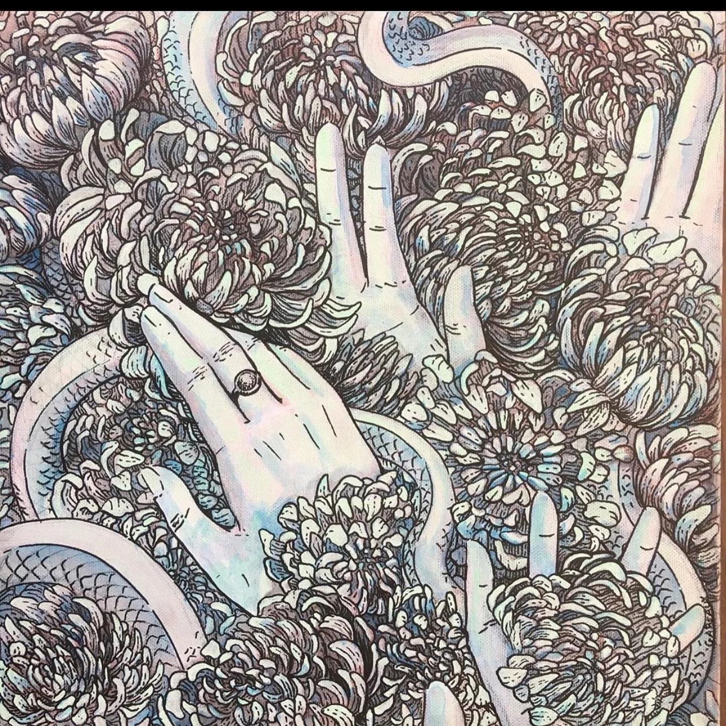 Moon Chrysanthemums | 12"x12"x1" | Acrylic and alcohol ink on canvas | 2019 | Sold