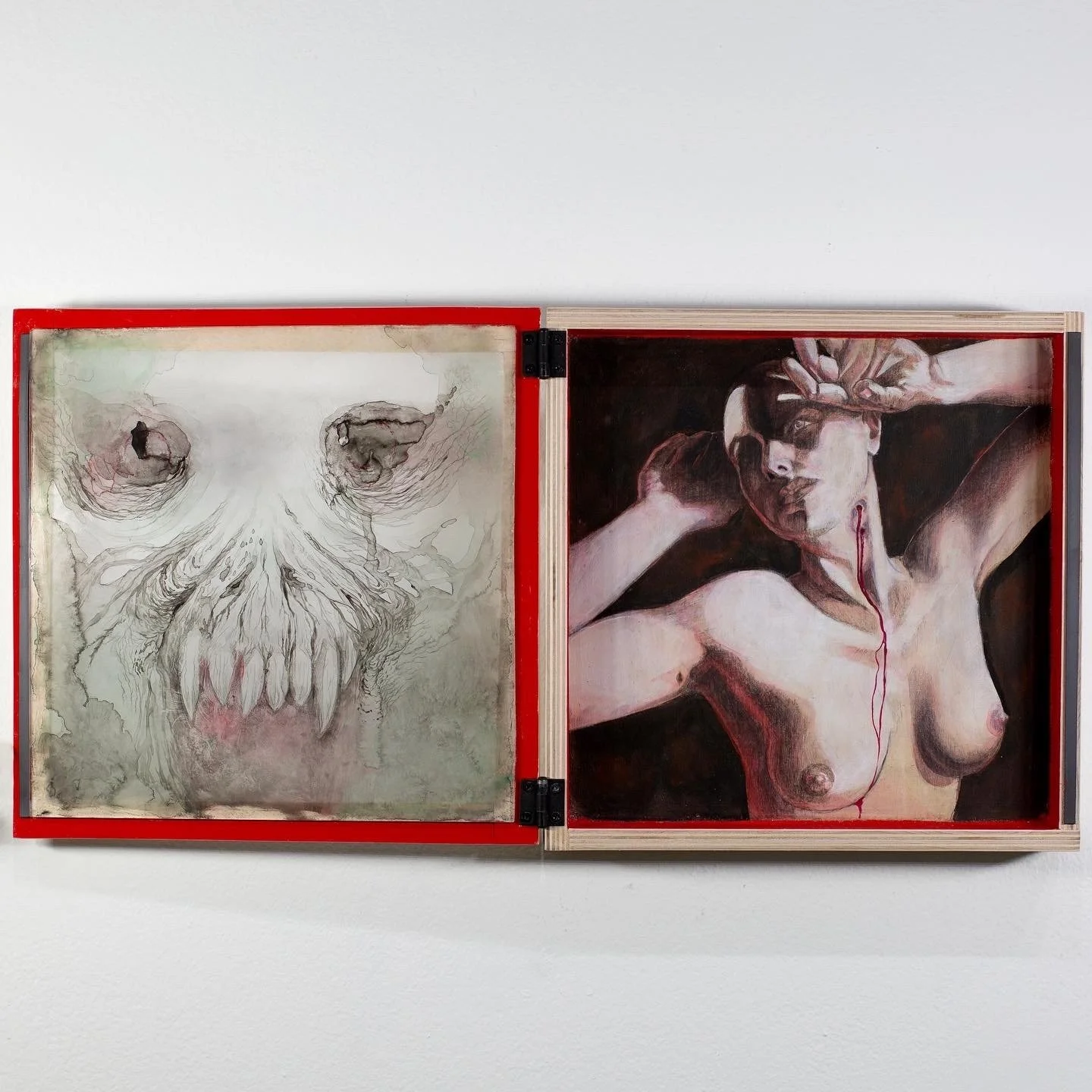 Vampyre | 12"x24"x3" open | Acrylic Gouache and colored pencil on articulated birchwood box and plexiglass | 2023 | Sold