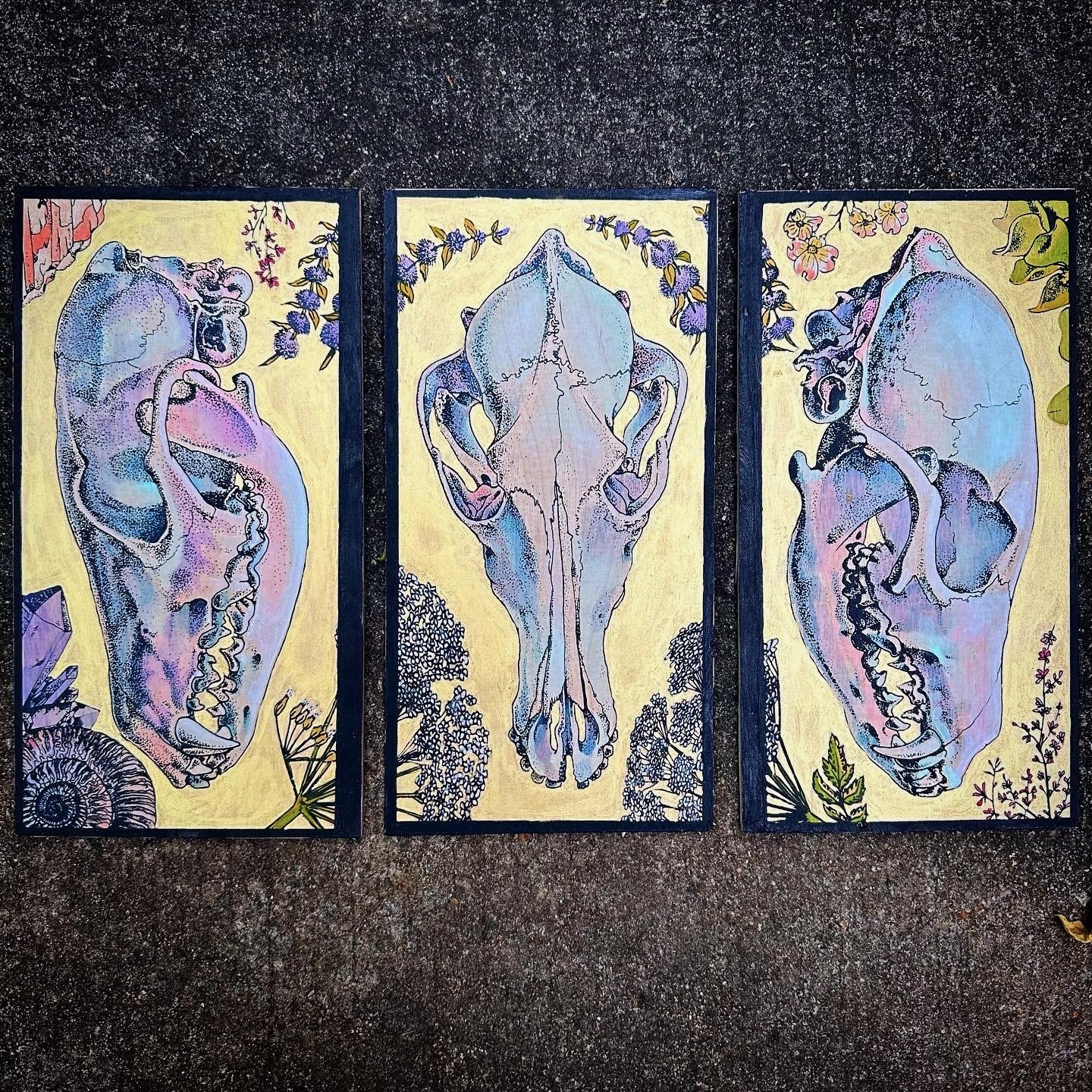 Coyotes | Three 5"x9" panels | Hand tinted serigraph prints on wood panels | 2023
